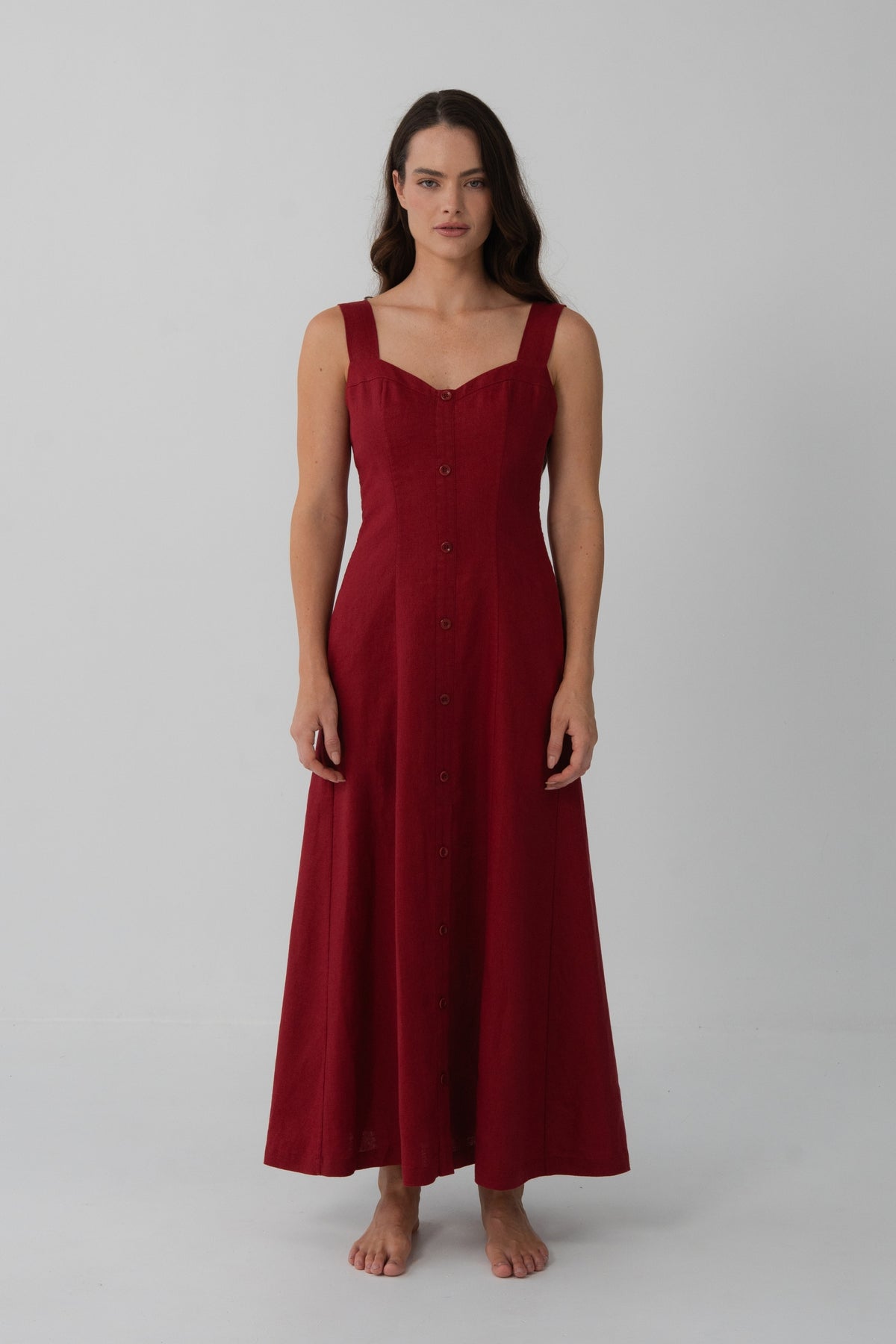 Eden Linen Midi Dress in Cherry Red - full front view, sweetheart neckline, button-front placket and A-line midi silhouette - Lilly Pilly Collection