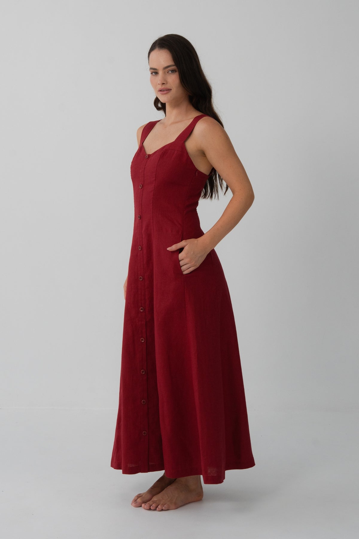 Eden Linen Midi Dress in Cherry Red - side profile, wide straps and fluid midi length with button front - Lilly Pilly Collection