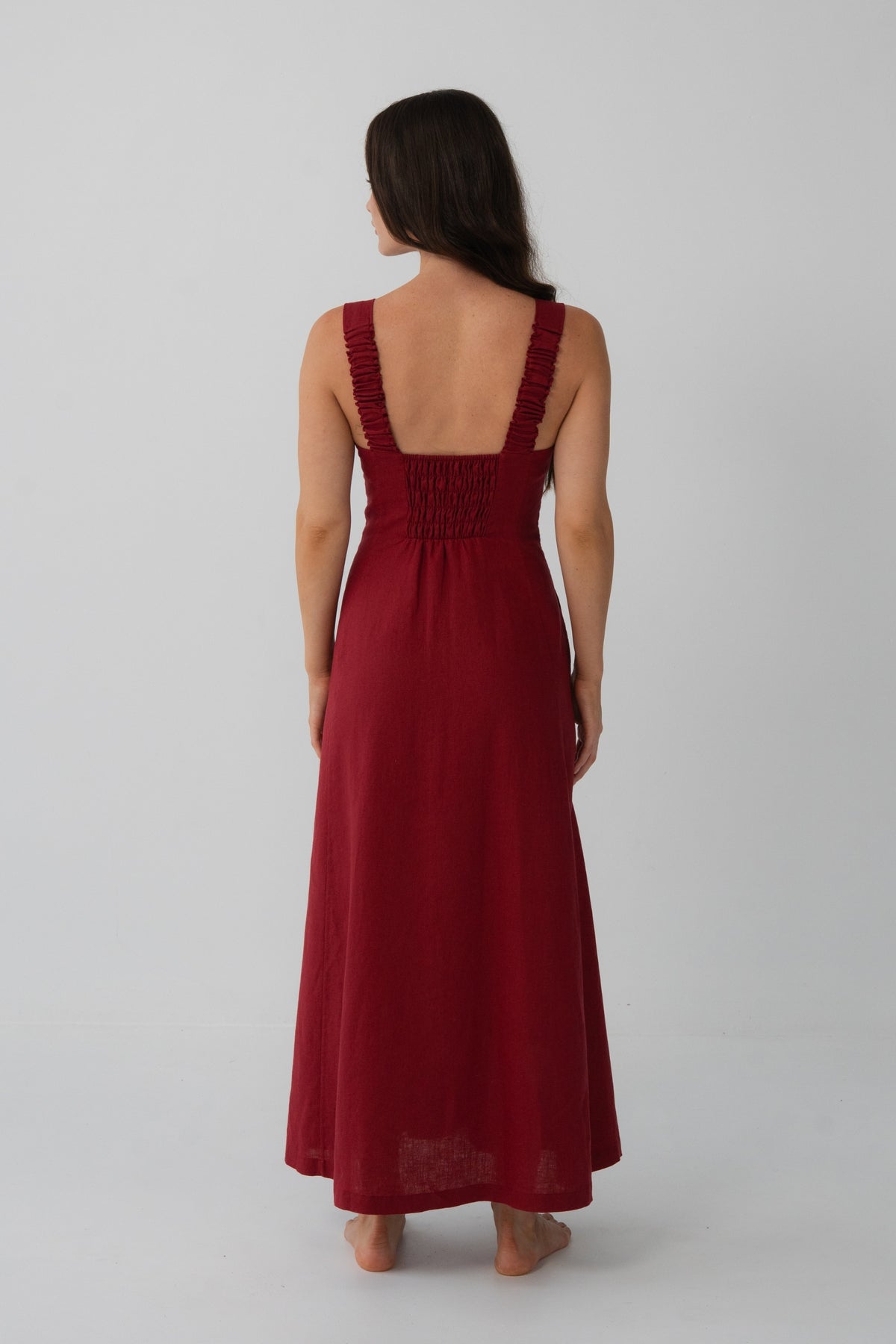 Eden Linen Midi Dress in Cherry Red - back view, open back with wide straps and button-front placket - Lilly Pilly Collection