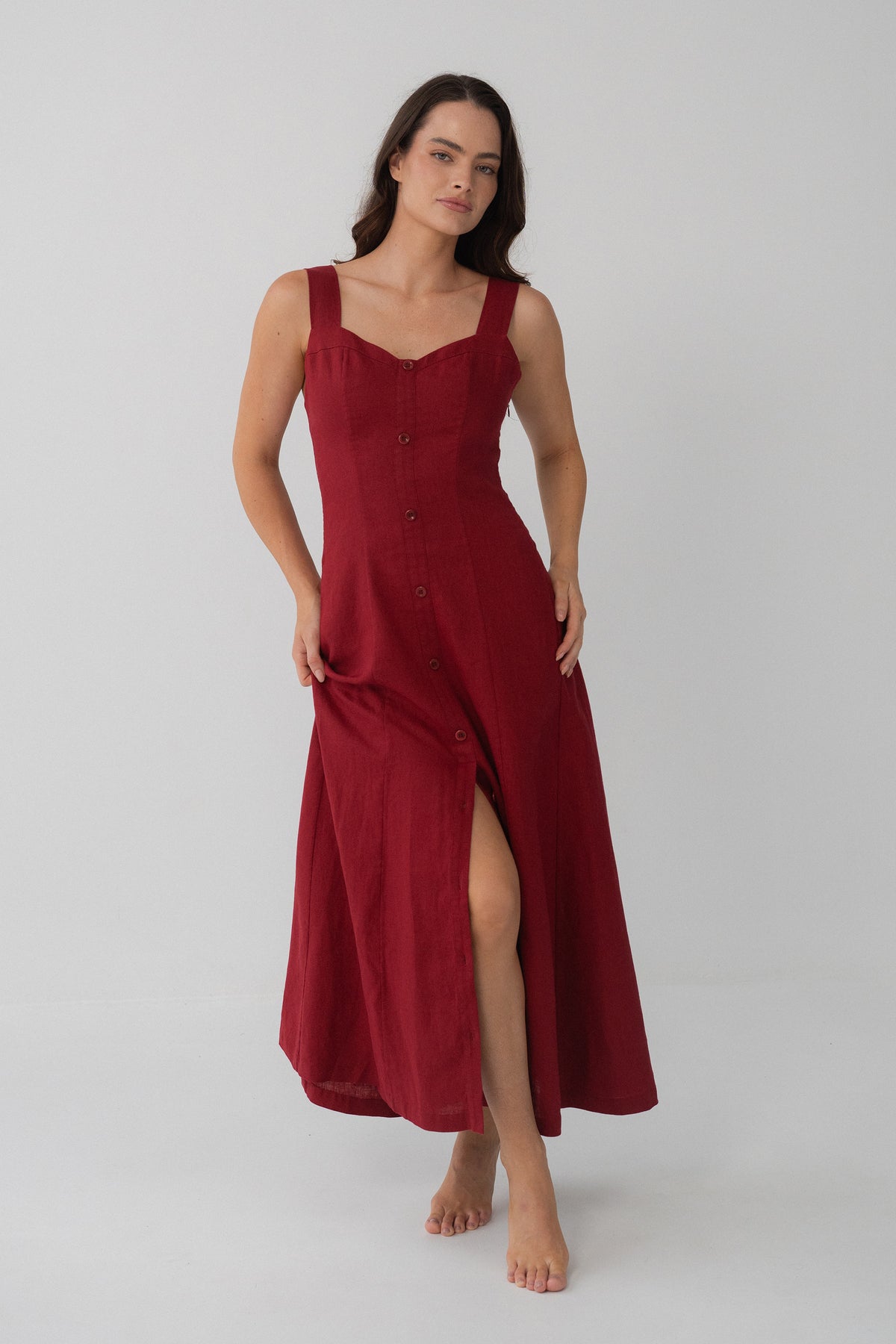 Eden Linen Midi Dress in Cherry Red - full front view, sweetheart neckline, button-front placket and side split - Lilly Pilly Collection