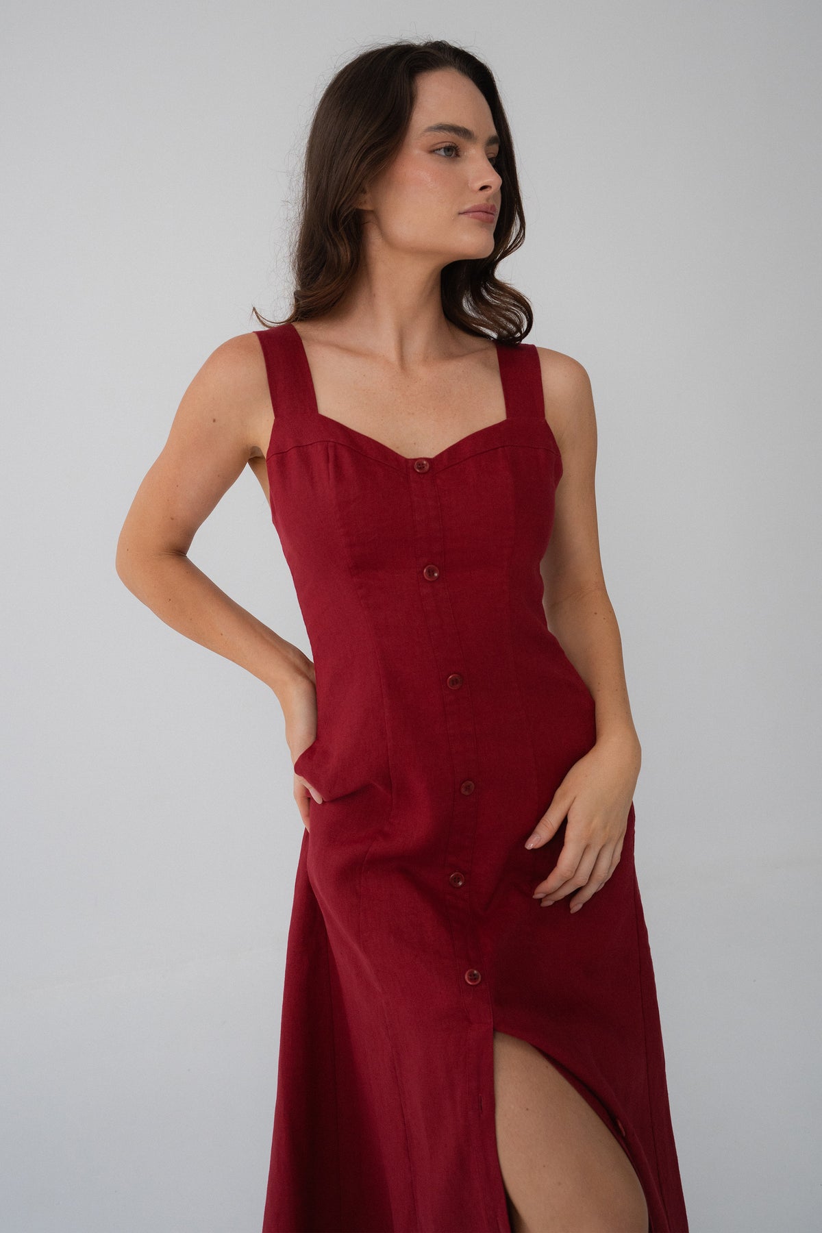 Eden Linen Midi Dress in Cherry Red - back view, open back with wide straps and button-front placket - Lilly Pilly Collection