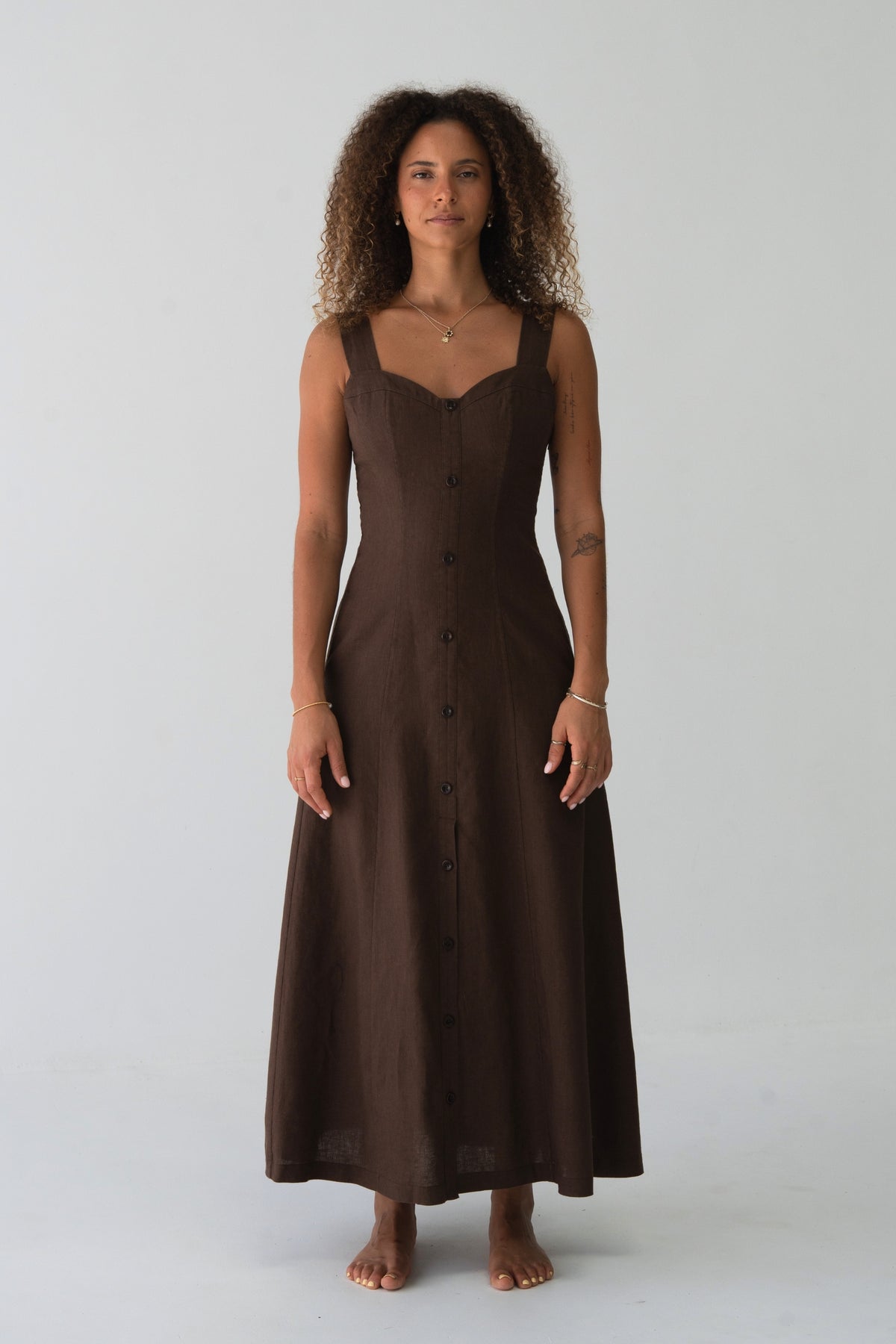 Eden Linen Midi Dress in Chocolate - full front view, sweetheart neckline, button-front placket and A-line midi - Lilly Pilly Collection