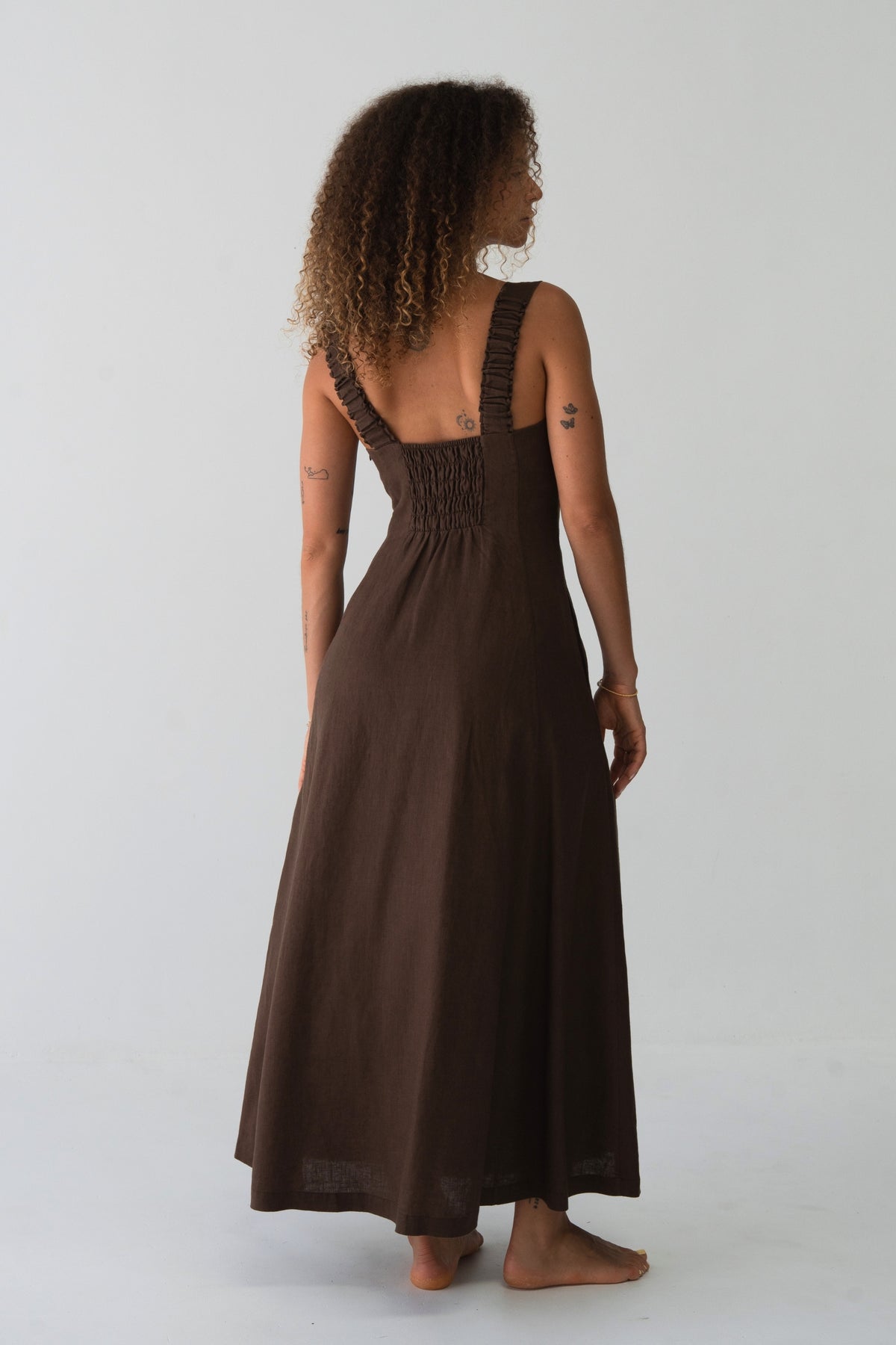 Eden Linen Midi Dress in Chocolate - back view, smocked back panel and wide straps, fluid midi length - Lilly Pilly Collection