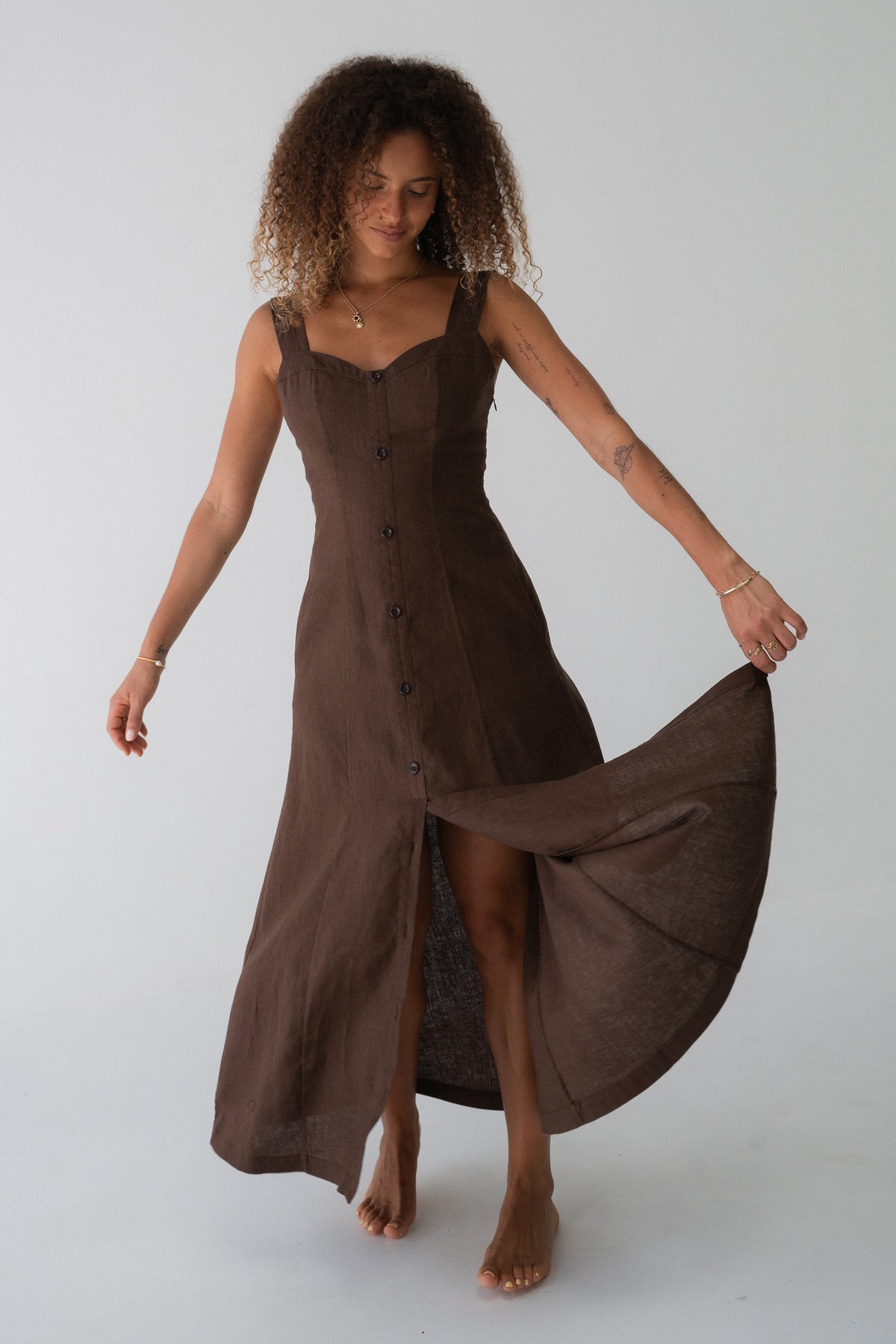 Eden Linen Midi Dress in Chocolate - full length view, sweetheart neckline and button-front placket, dress held open - Lilly Pilly Collection