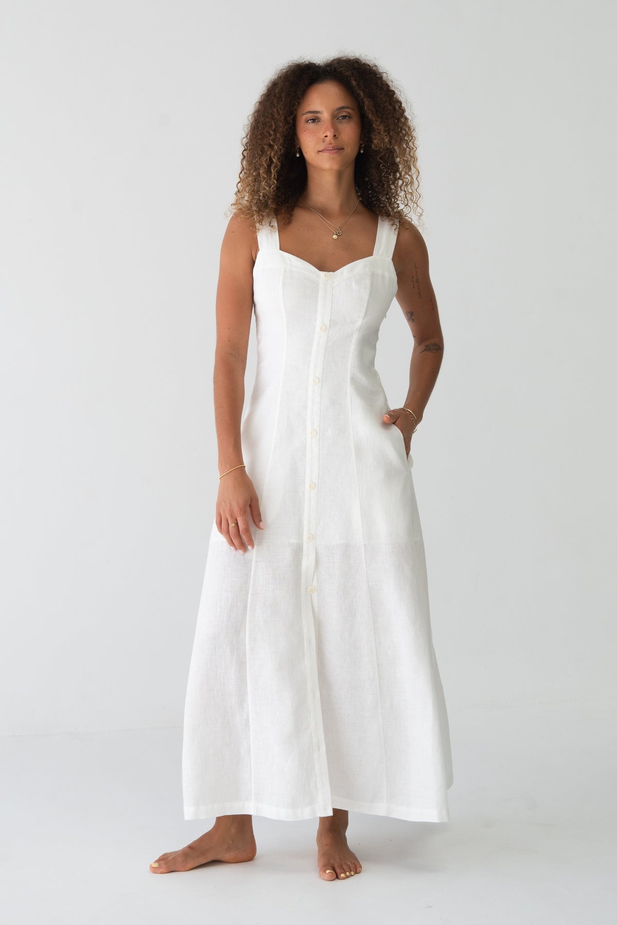 Eden Linen Midi Dress in Ivory - full front view, sweetheart neckline, button-front placket and A-line midi silhouette - Lilly Pilly Collection