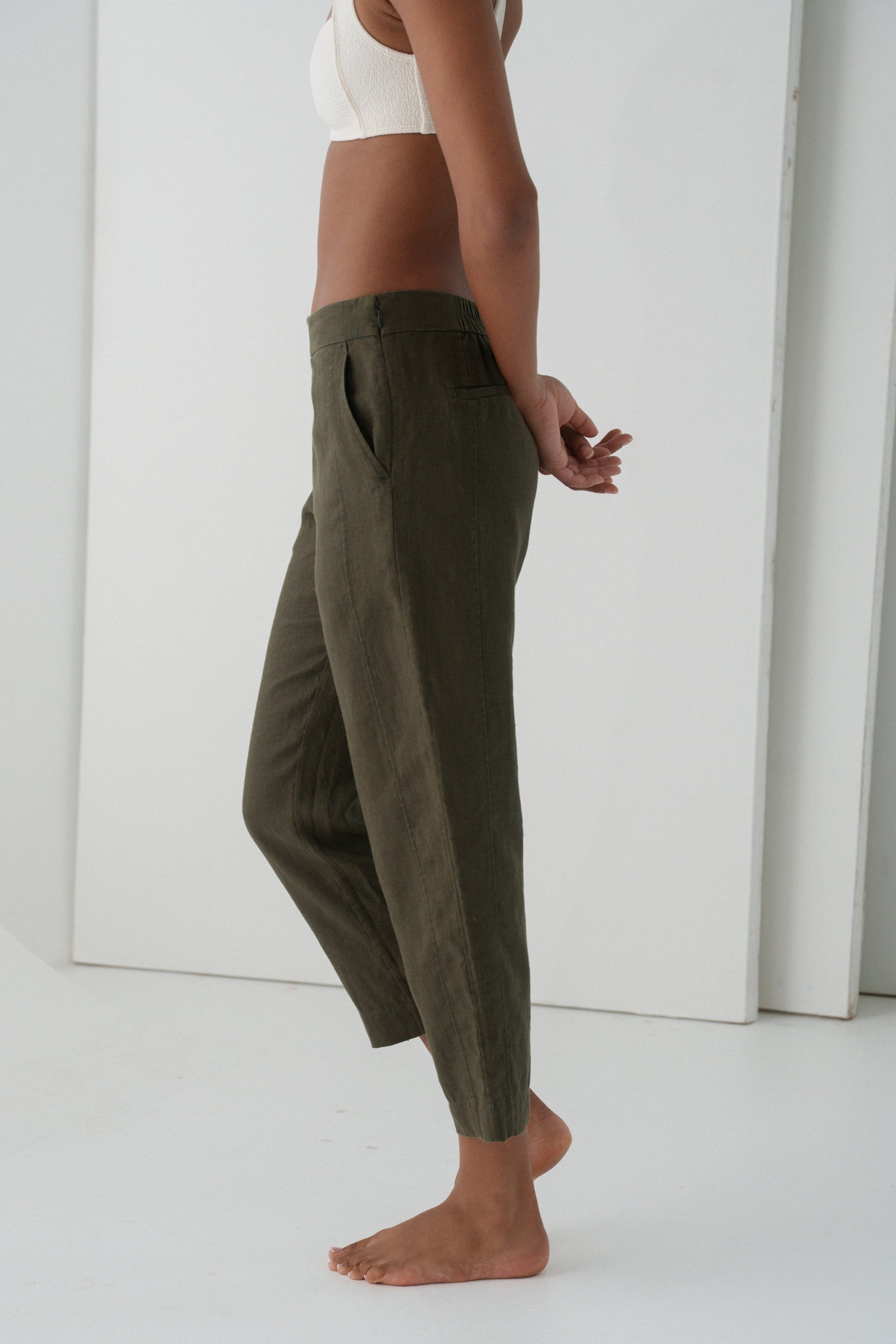 LILLY PILLY Emer khaki linen pants side close up