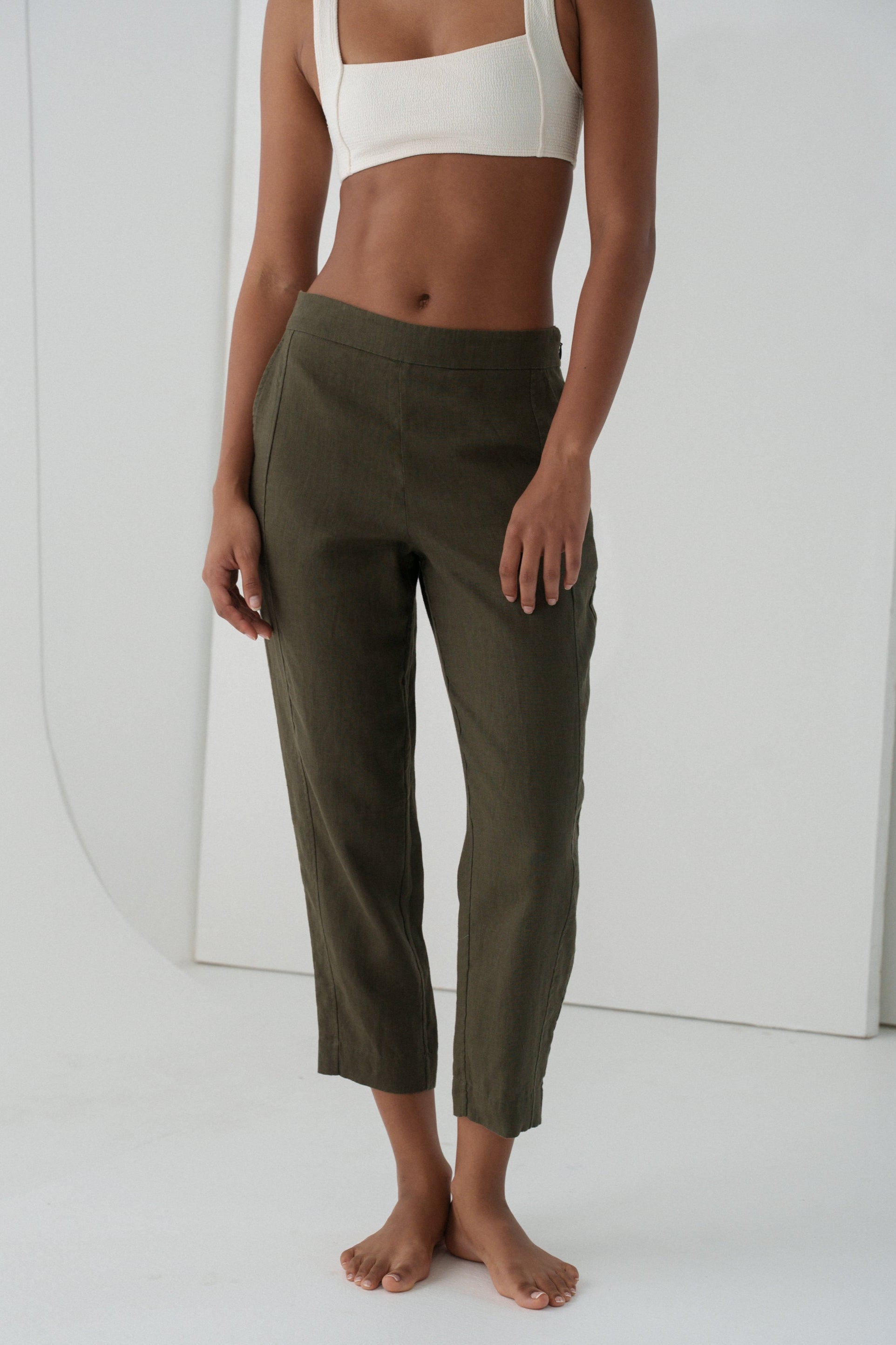 LILLY PILLY Emer khaki linen pants front close up