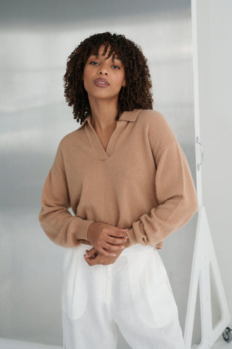 Emma Cashmere Knit in Camel Brown - front view, styled with Rika Linen Pants in Ivory, neutral background - Lilly Pilly Collection