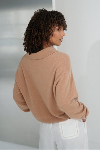 Emma Cashmere Knit in Camel Brown - close-up back view, styled with Rika Linen Pants in Ivory, plain background - Lilly Pilly Collection