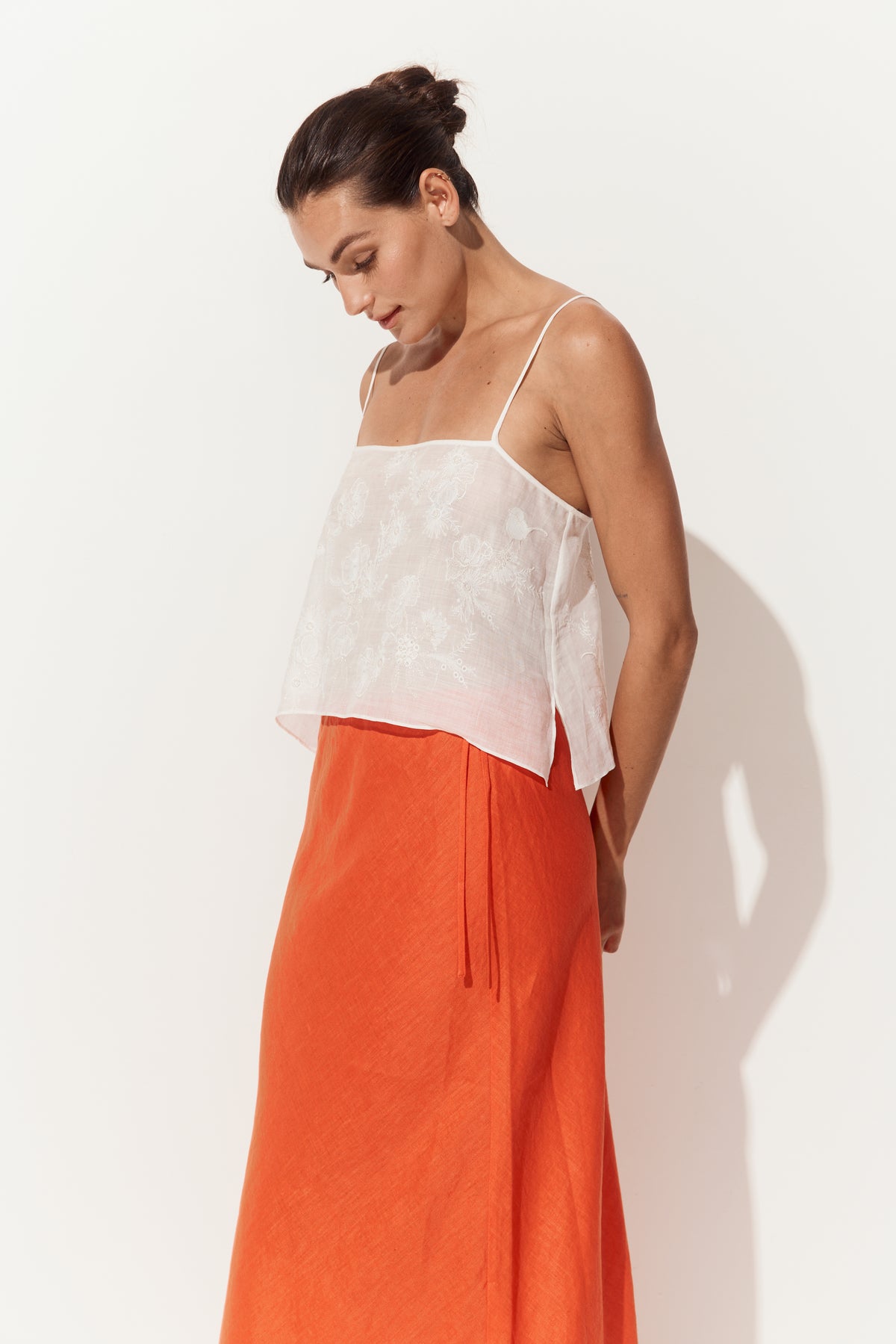 Flora Ramie Cami in Ivory - side view, cropped swing shape, styled with Riley Bias Linen Midi Skirt in Spritz Orange - Lilly Pilly Collection