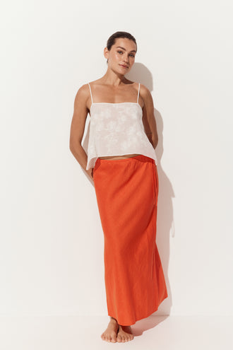 Flora Ramie Cami in Ivory - full length front view, styled with Riley Bias Linen Midi Skirt in Spritz Orange, white studio - Lilly Pilly Collection