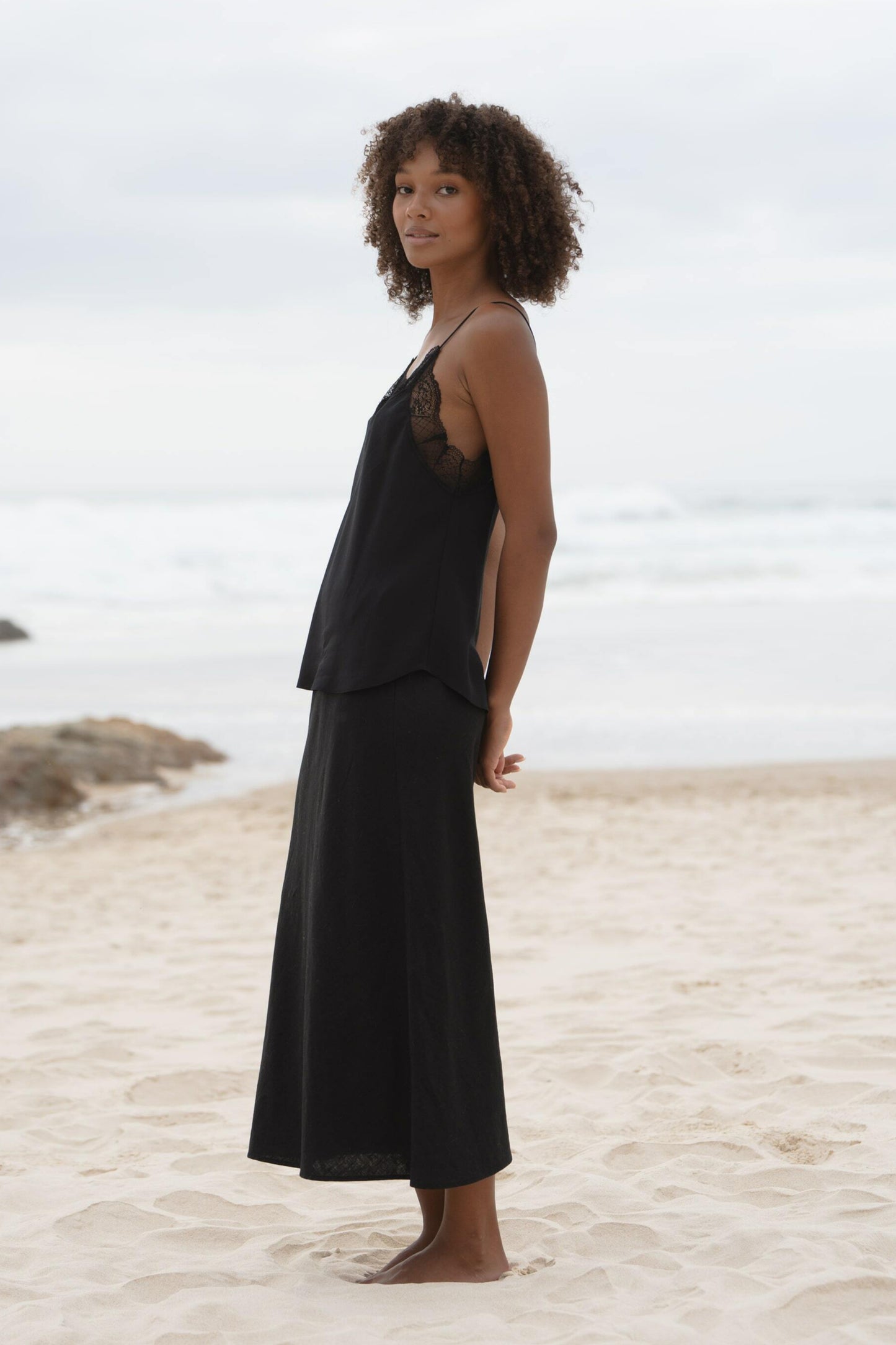 Frankie silk slip with Riley linen skirt in Black by LILLY PILLY - side
