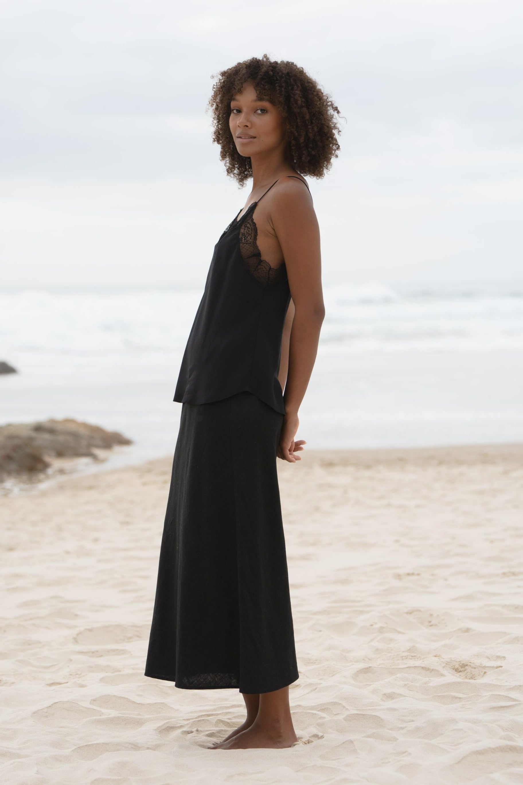 Frankie silk slip with Riley linen skirt in Black by LILLY PILLY - side