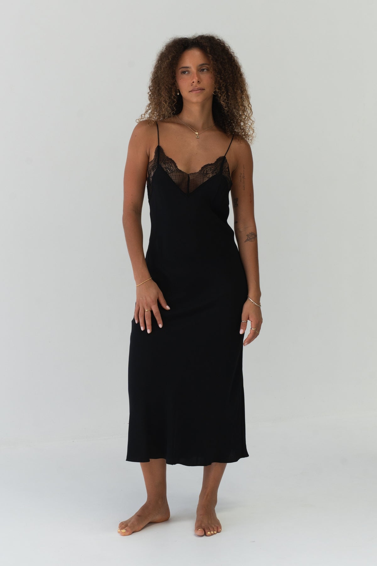 Freya Black Silk Slip Dress - full front view, lace V-neckline, bias-cut midi length - Lilly Pilly Collection