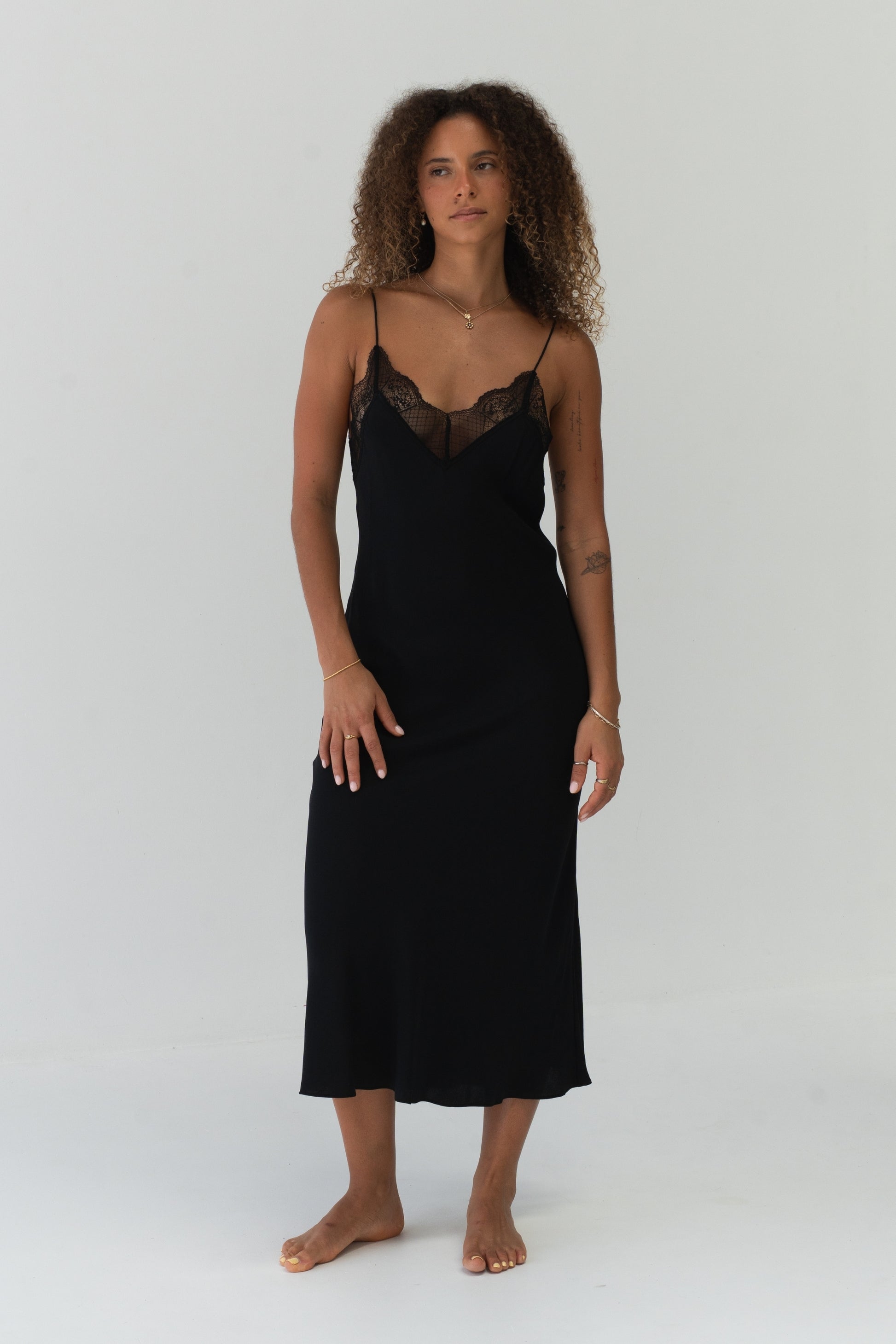 Freya Black Silk Slip Dress - full front view, lace V-neckline, bias-cut midi length - Lilly Pilly Collection