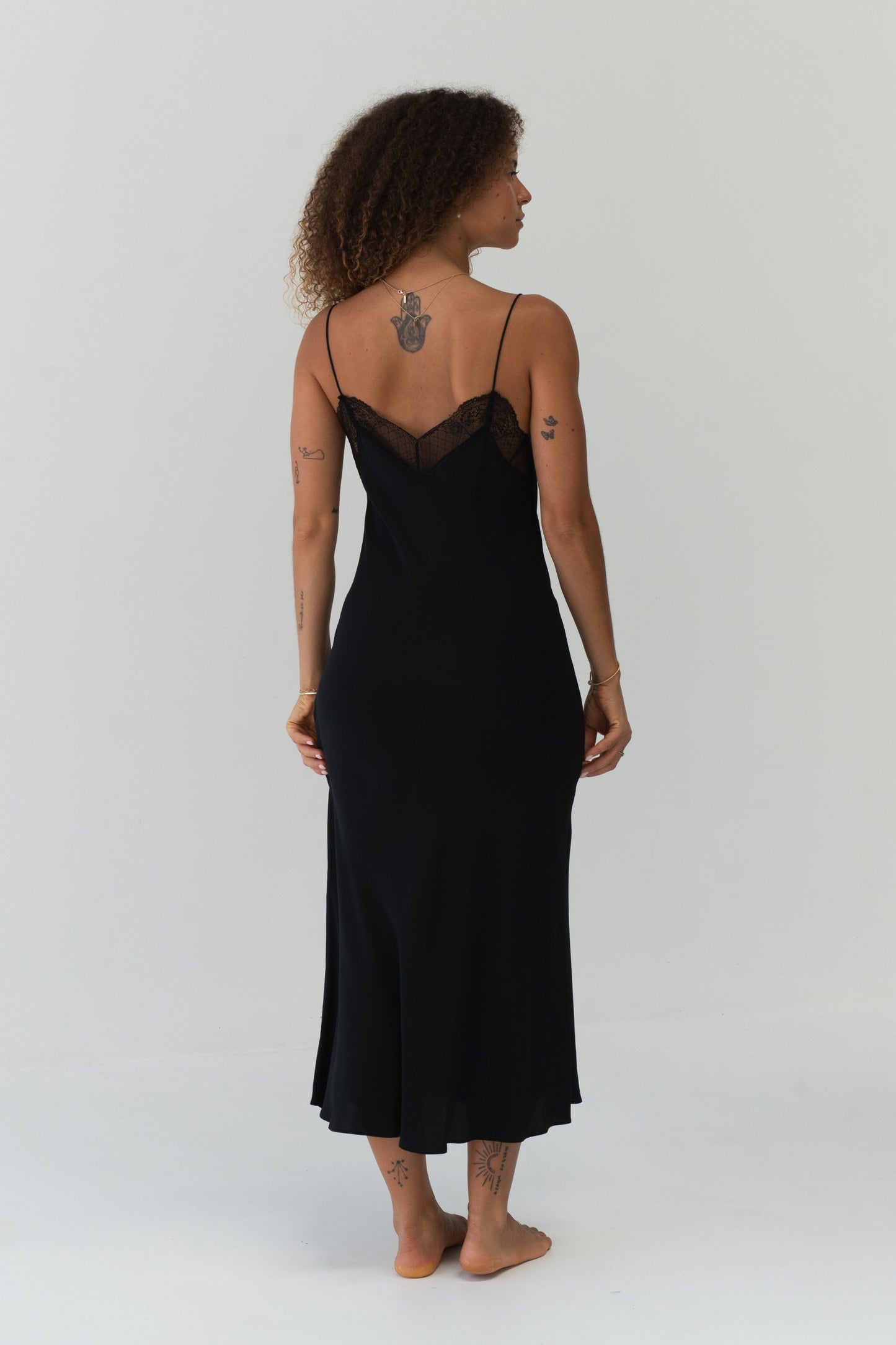 Freya Black Silk Slip Dress - back view, lace back neckline and spaghetti straps - Lilly Pilly Collection