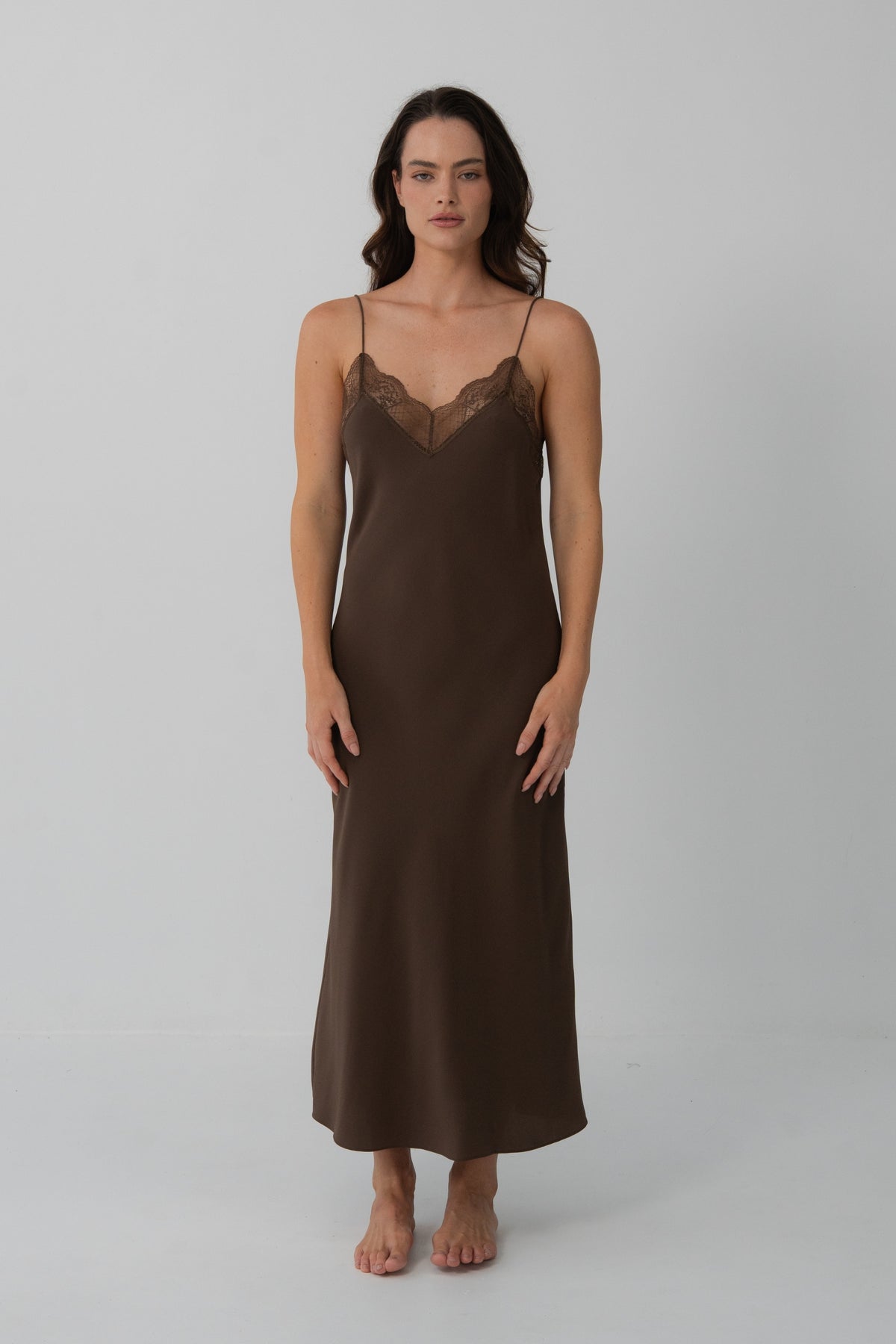 Freya Silk Midi Slip Dress in Chocolate - full front view showing lace V-neckline and bias-cut midi length - Lilly Pilly Collection