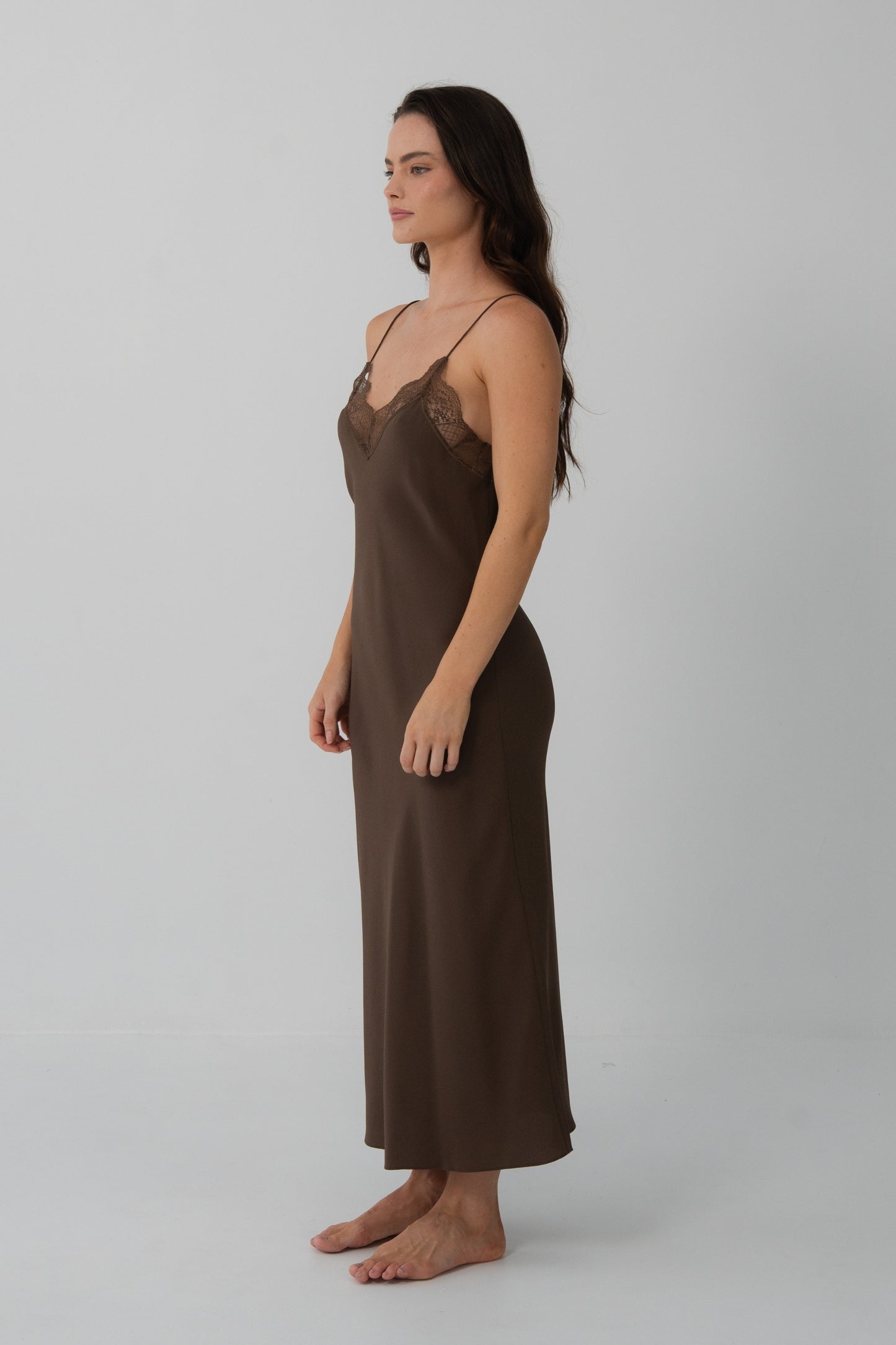 Freya Silk Midi Slip Dress in Chocolate - side profile showing fluid silk drape and midi length - Lilly Pilly Collection