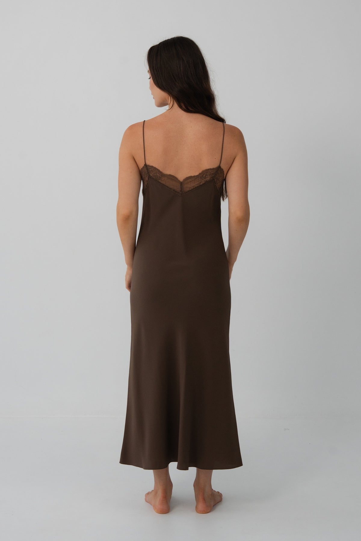 Freya Silk Midi Slip Dress in Chocolate - back view showing lace back neckline and spaghetti straps - Lilly Pilly Collection