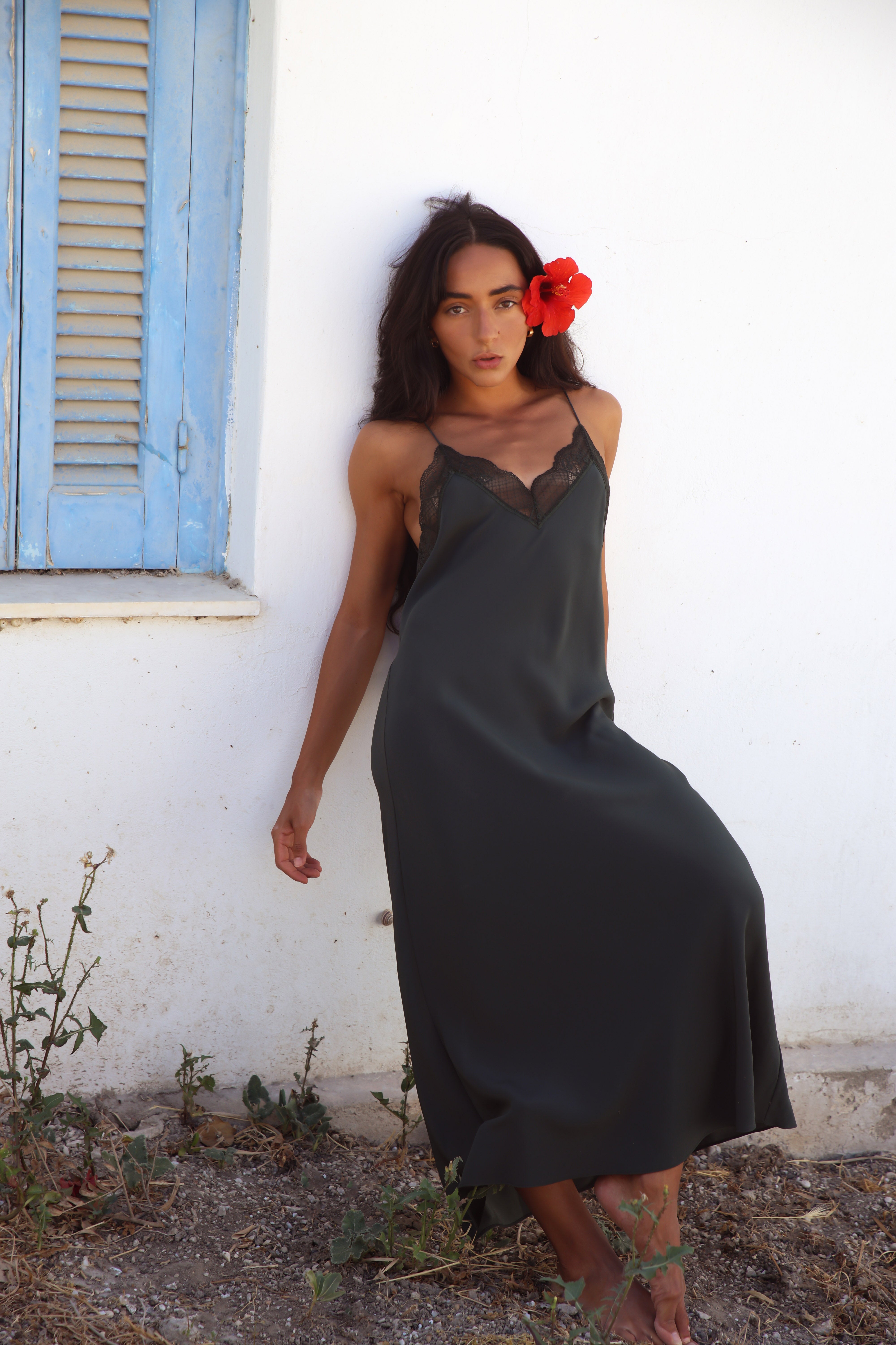 Freya Silk Midi Slip Dress in Forest Green - full-length front view showing bias-cut silhouette and lace trim neckline - Lilly Pilly Collection