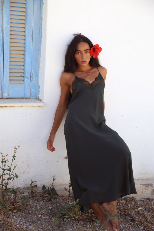 Freya Silk Midi Slip Dress in Forest Green - full-length front view showing bias-cut silhouette and lace trim neckline - Lilly Pilly Collection
