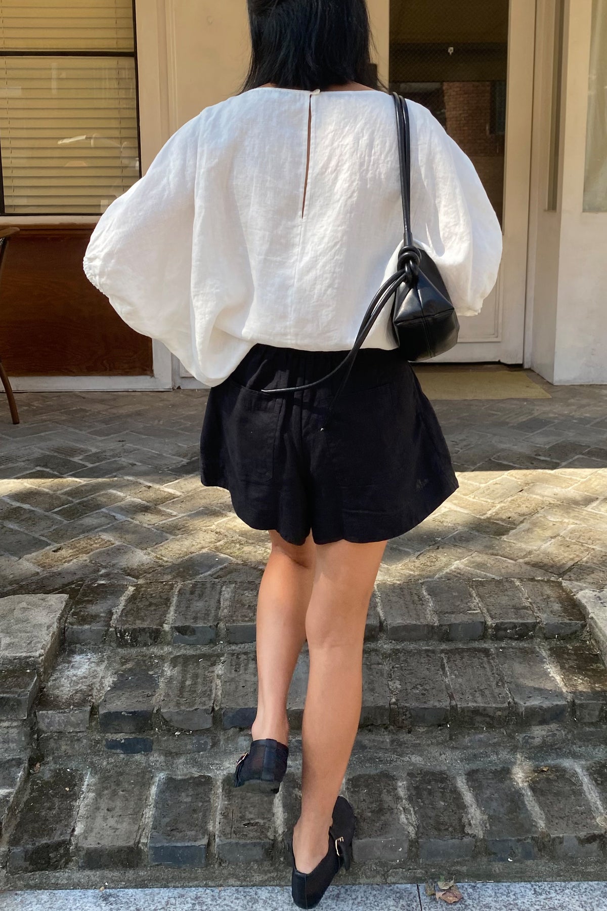 Gaia Linen Shorts in Black - back view with Demi ivory linen top - Lilly Pilly Collection