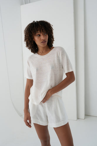 Grace Linen Knit Top in Ivory - full front view, scoop neckline and relaxed short sleeves, styled with matching Gaia Linen shorts in Ivory - Lilly Pilly Collection