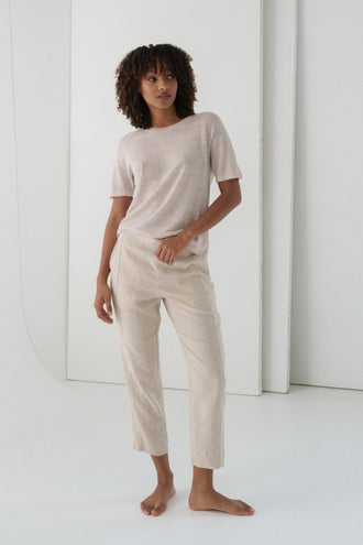 Grace Linen Knit Top in Oatmeal - full length view, crew neckline and short sleeves, styled with oatmeal Emer Linen pants - Lilly Pilly Collection