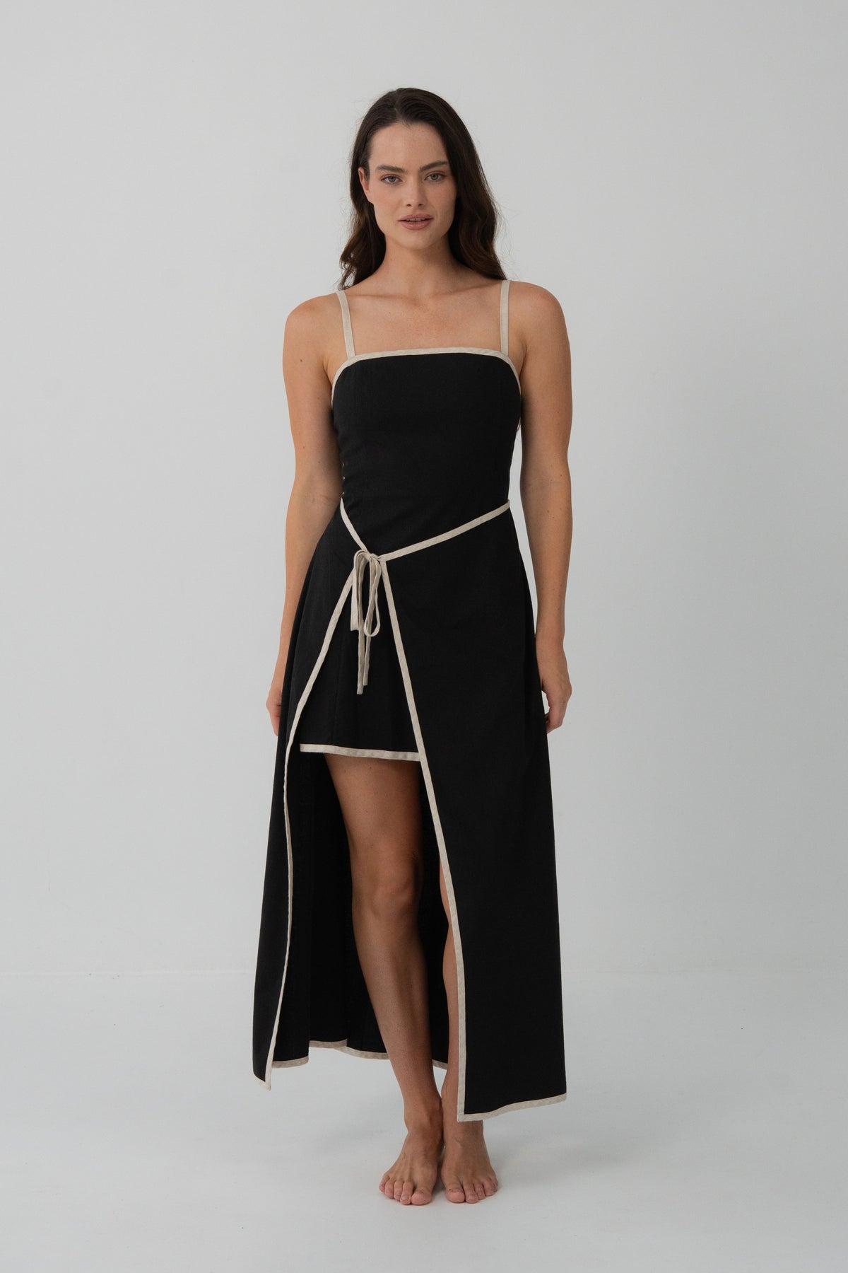 Full view of Hailey Linen midi dress in Black with oatmeal binding in studio - Lilly Pilly Collection