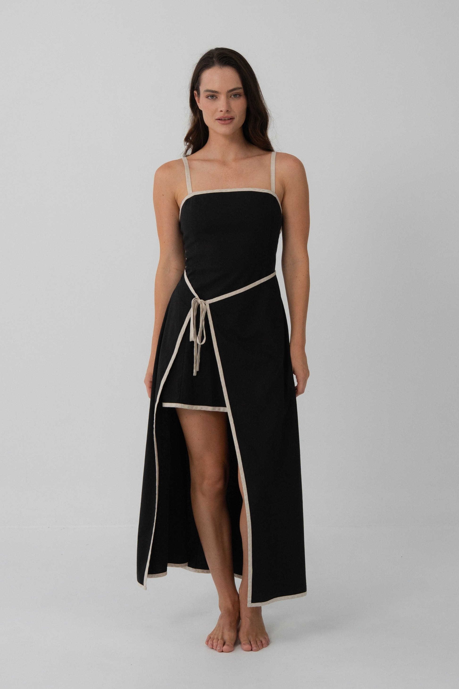 Full view of Hailey Linen midi dress in Black with oatmeal binding in studio - Lilly Pilly Collection