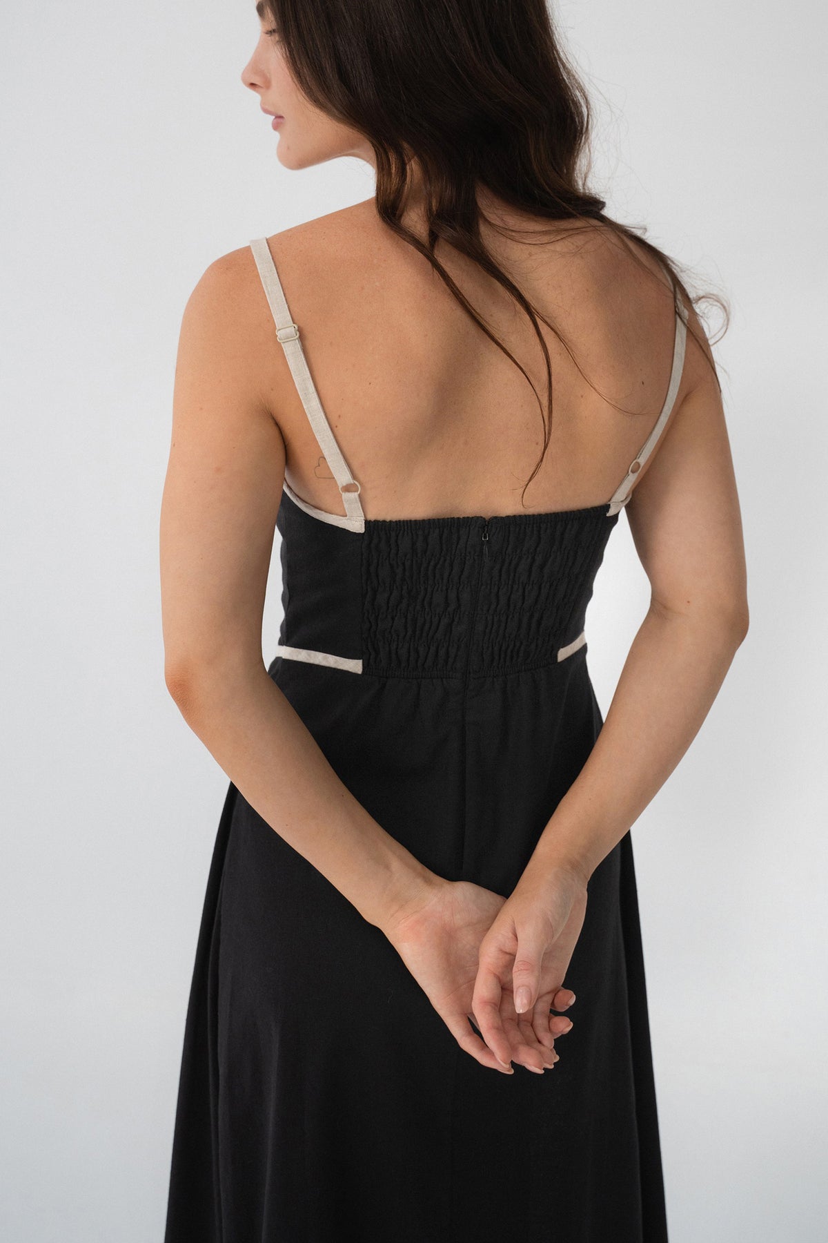 Back view of Hailey Linen sleeveless midi dress in Black with oatmeal binding - Lilly Pilly Collection