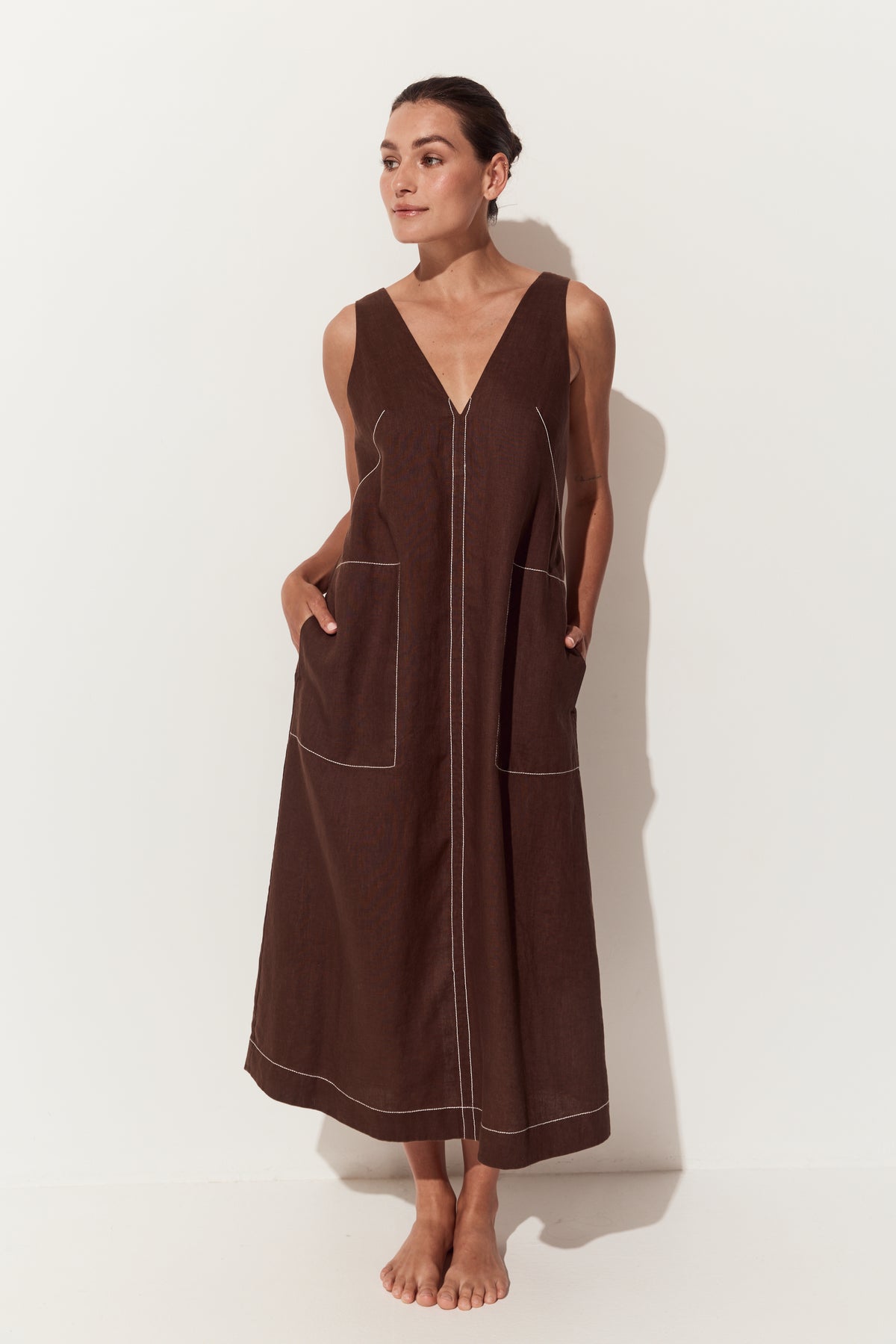 Iris Linen Midi Dress in Chocolate - front view of dress with a deep V-neck, large front patch pockets - Lilly Pilly Collection
