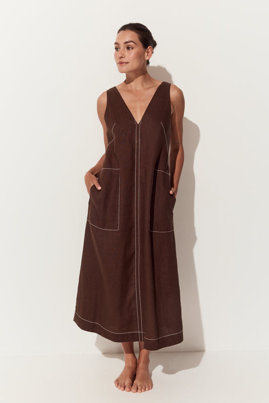 Iris Linen Midi Dress in Chocolate - front view of dress with a deep V-neck, large front patch pockets - Lilly Pilly Collection