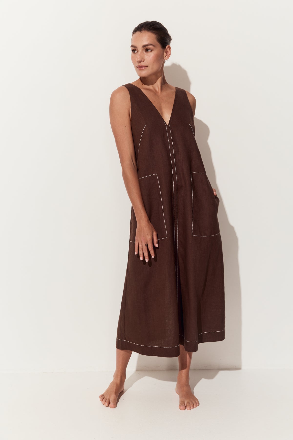 Iris Linen Midi Dress in Chocolate - front view of sleeveless dress with large front patch pockets - Lilly Pilly Collection
