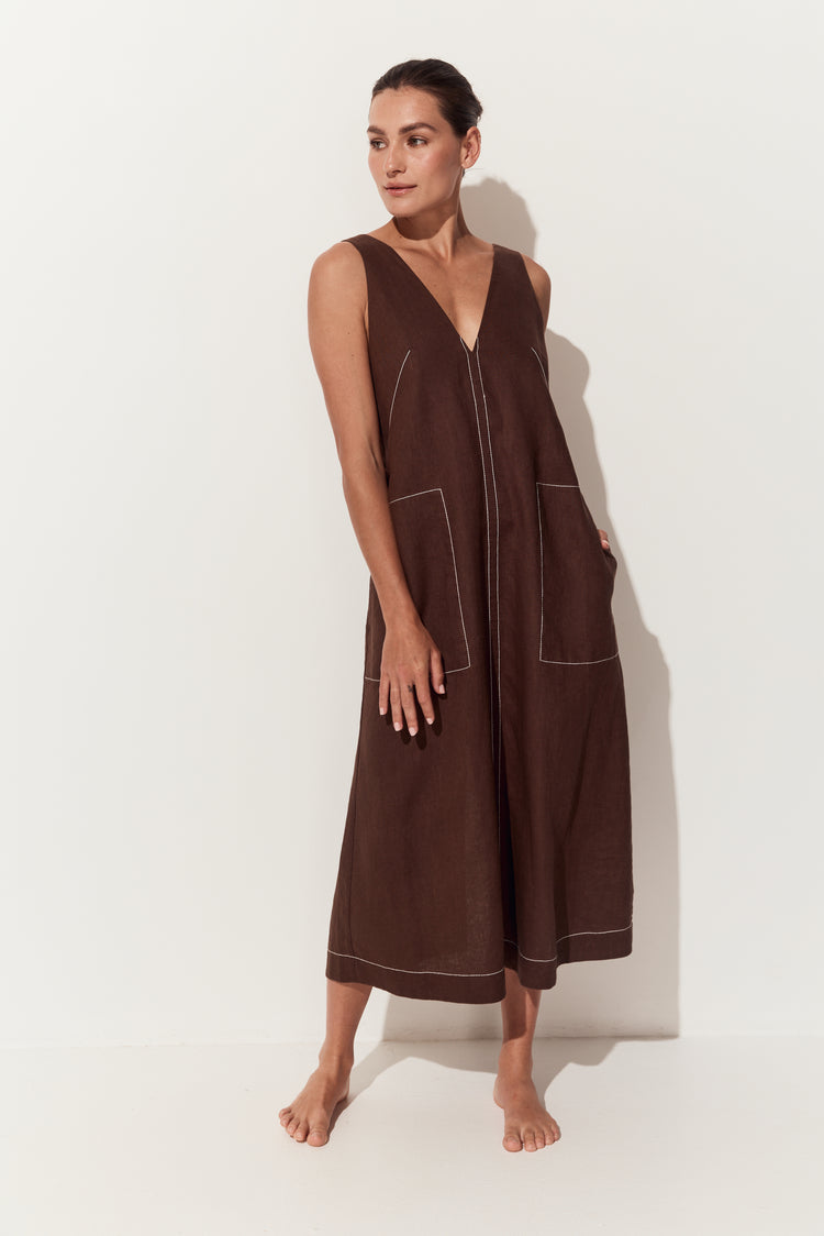 Iris Linen Midi Dress in Chocolate - front view of sleeveless dress with large front patch pockets - Lilly Pilly Collection