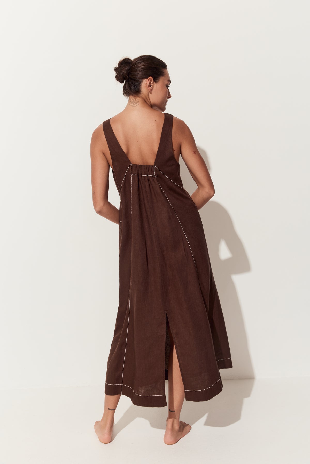 Iris Linen Midi Dress in Chocolate - back view of dress with a deep V-neck, large front patch pockets - Lilly Pilly Collection