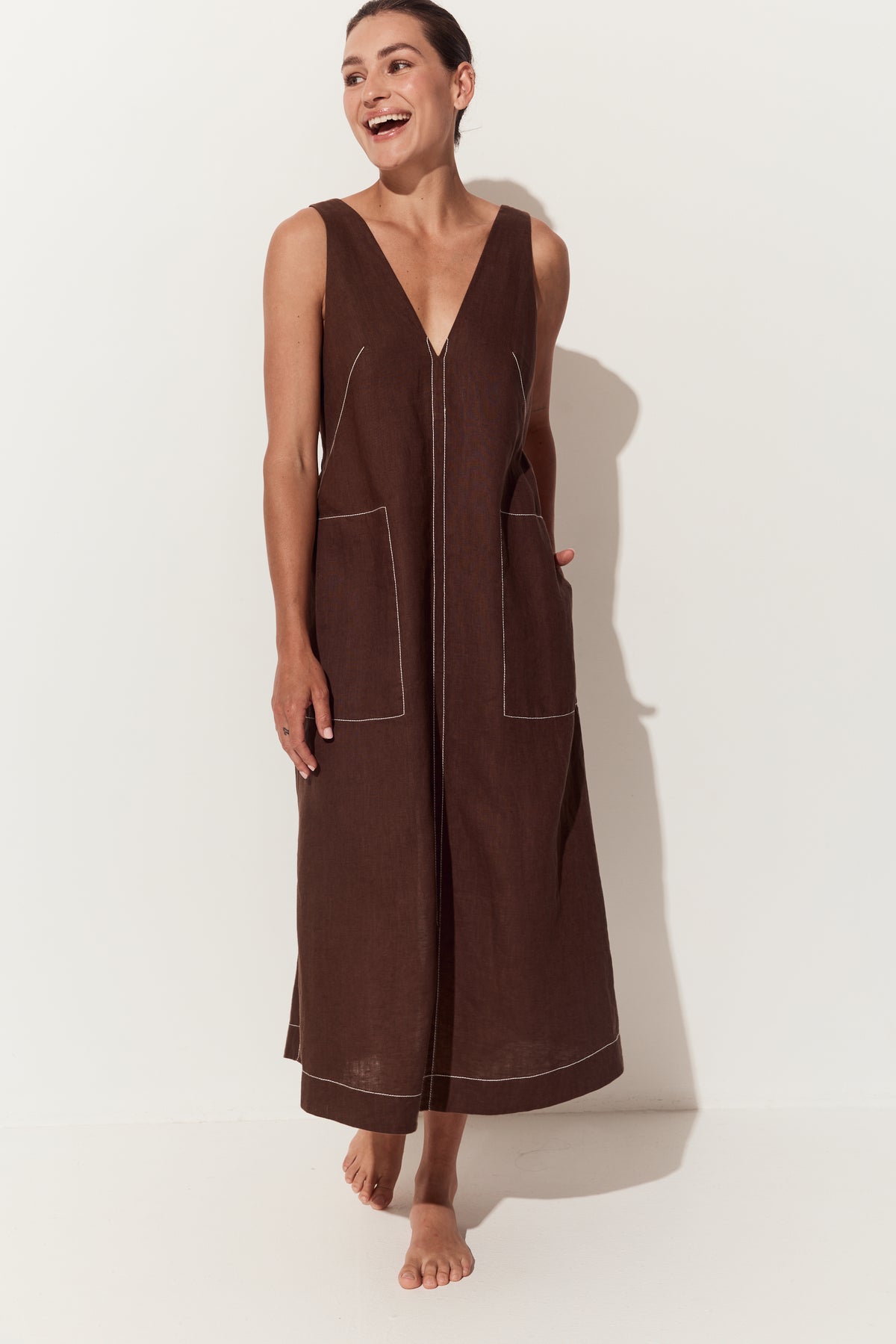 Iris Linen Midi Dress in Chocolate - full front view of dress with a deep V-neck, large front patch pockets - Lilly Pilly Collection