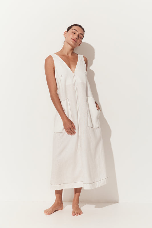 Iris Linen Midi Dress in Ivory and Chocolate - full front view of sleeveless ivory white linen midi with chocolate stitching details and a deep V-neckline - Lilly Pilly Collection