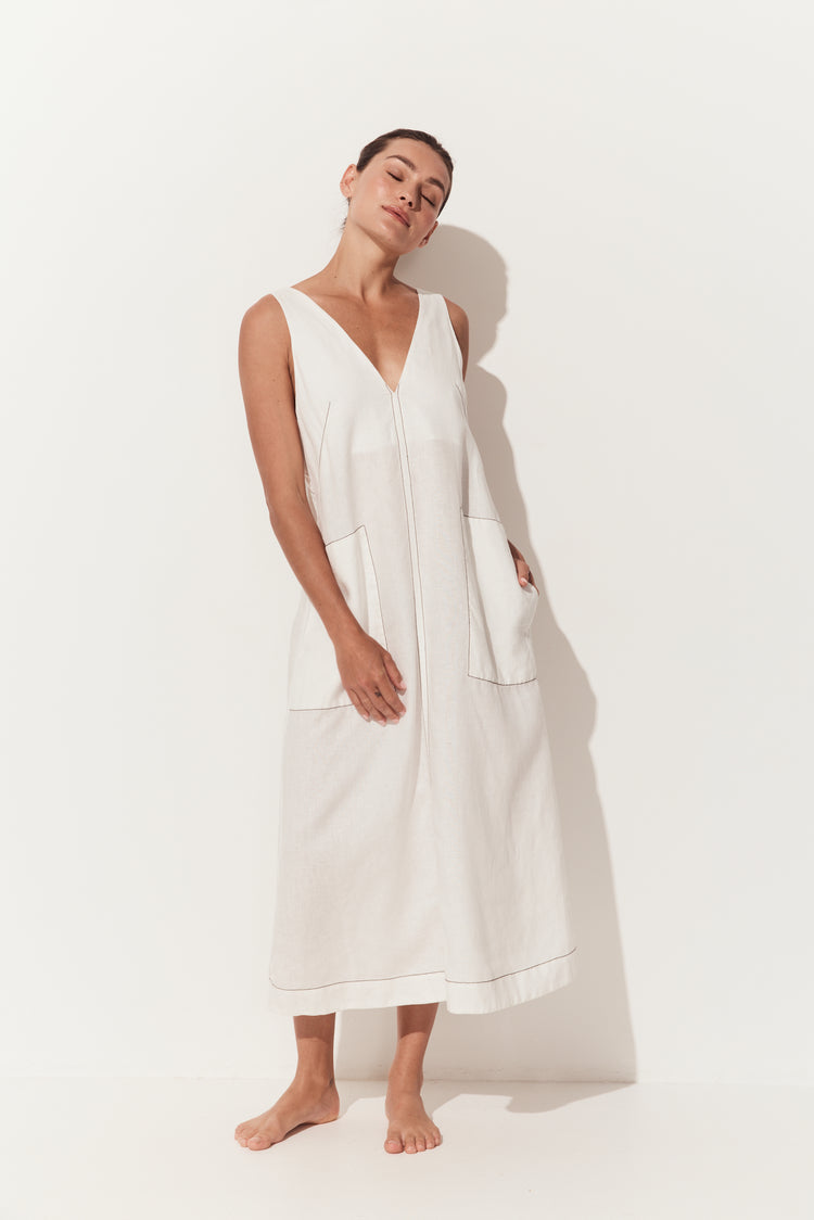 Iris Linen Midi Dress in Ivory and Chocolate - full front view of sleeveless ivory white linen midi with chocolate stitching details and a deep V-neckline - Lilly Pilly Collection