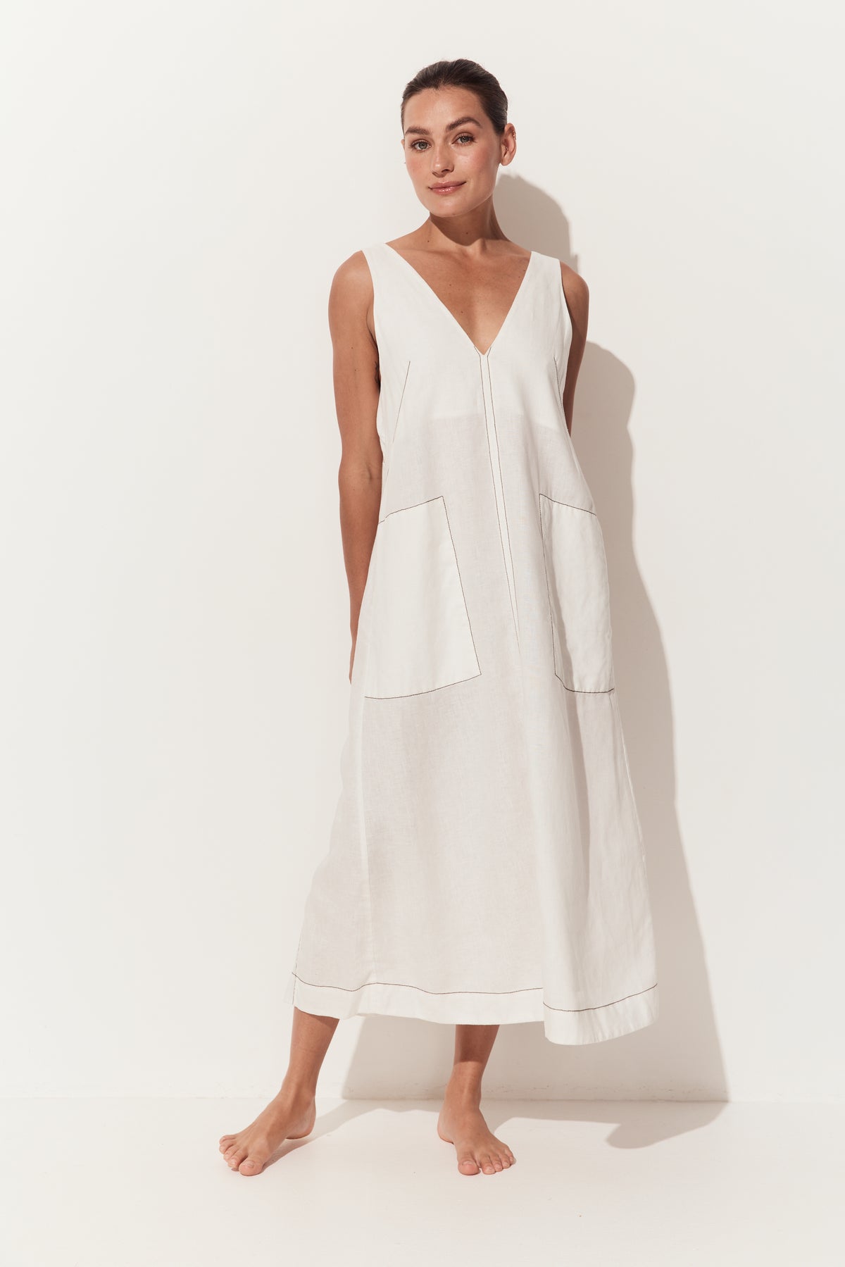 Iris Linen Midi Dress in Ivory and Chocolate - full front view of ivory white linen midi with chocolate stitching - Lilly Pilly Collection