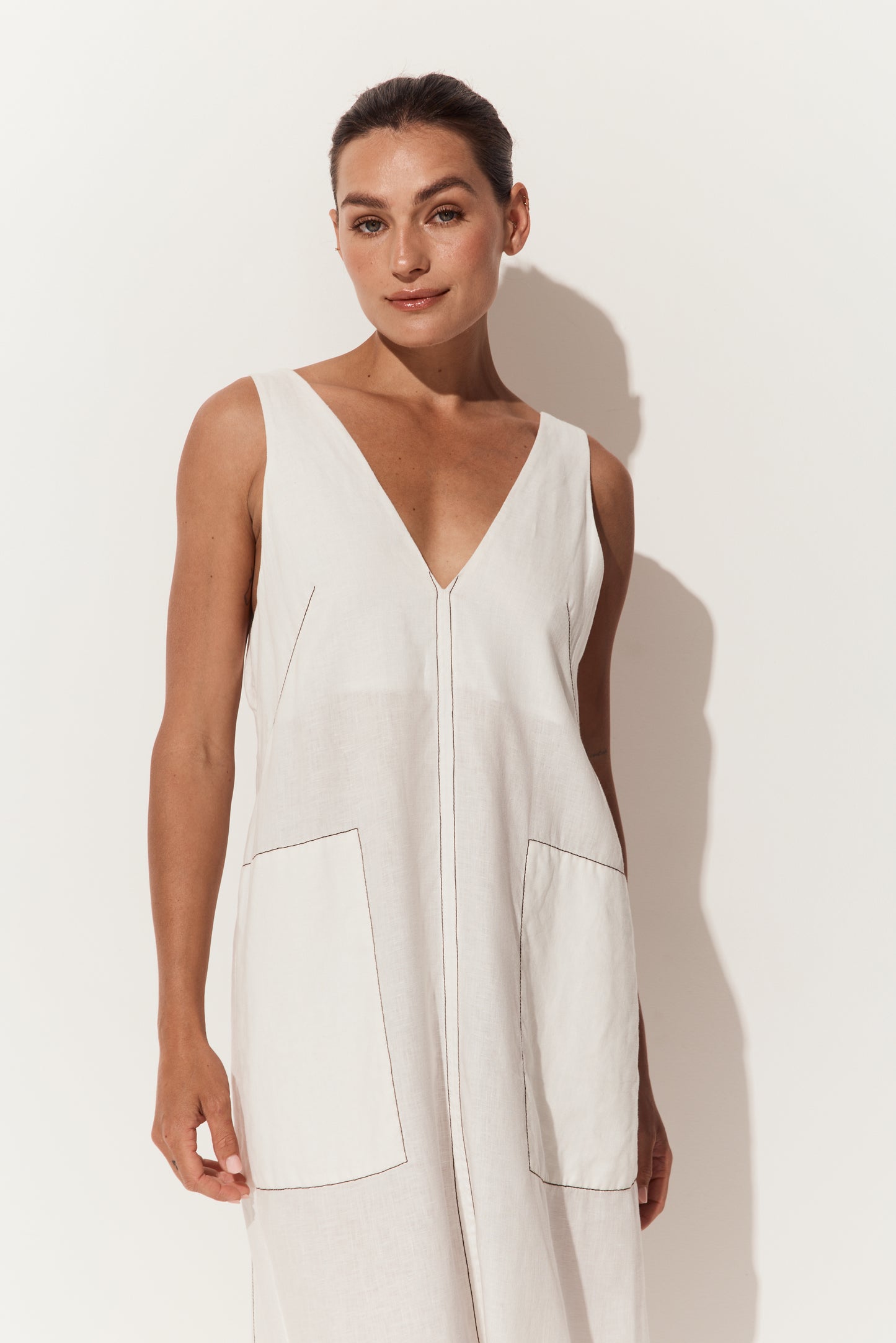 Iris Linen Midi Dress in Ivory and Chocolate - close up front view of ivory white linen midi dress with stitching - Lilly Pilly Collection