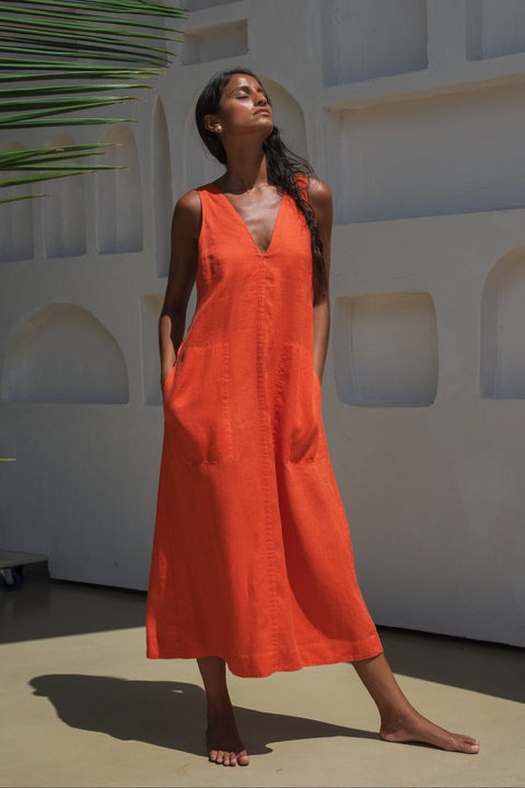 Iris Linen Midi Dress - Spritz Orange