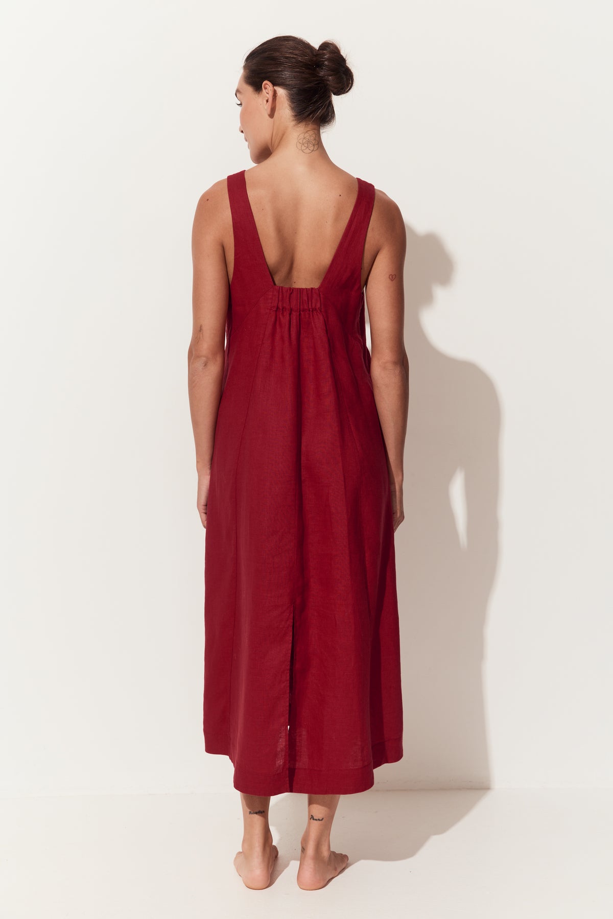 Iris Linen Midi Dress in Cherry Red - full back view with hands by sides - Lilly Pilly Collection