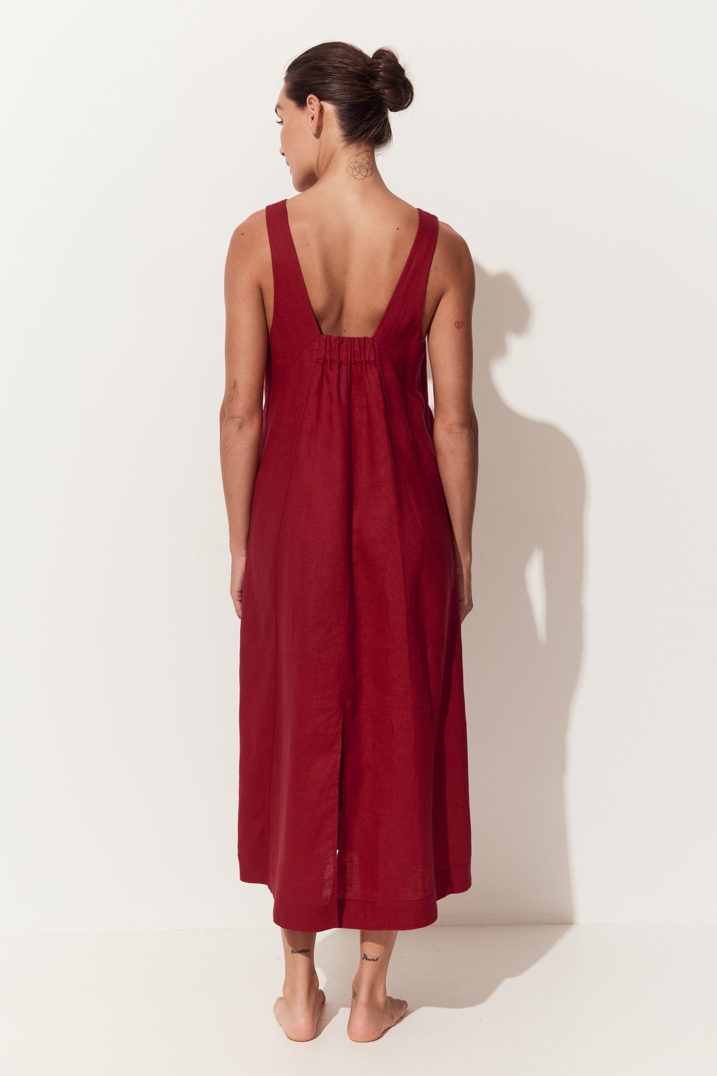 Iris Linen Midi Dress in Cherry Red - full back view with hands by sides - Lilly Pilly Collection