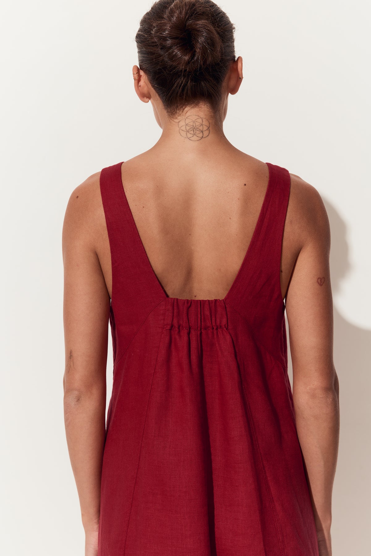 Iris Linen Midi Dress in Cherry Red - back view showing back details - Lilly Pilly Collection