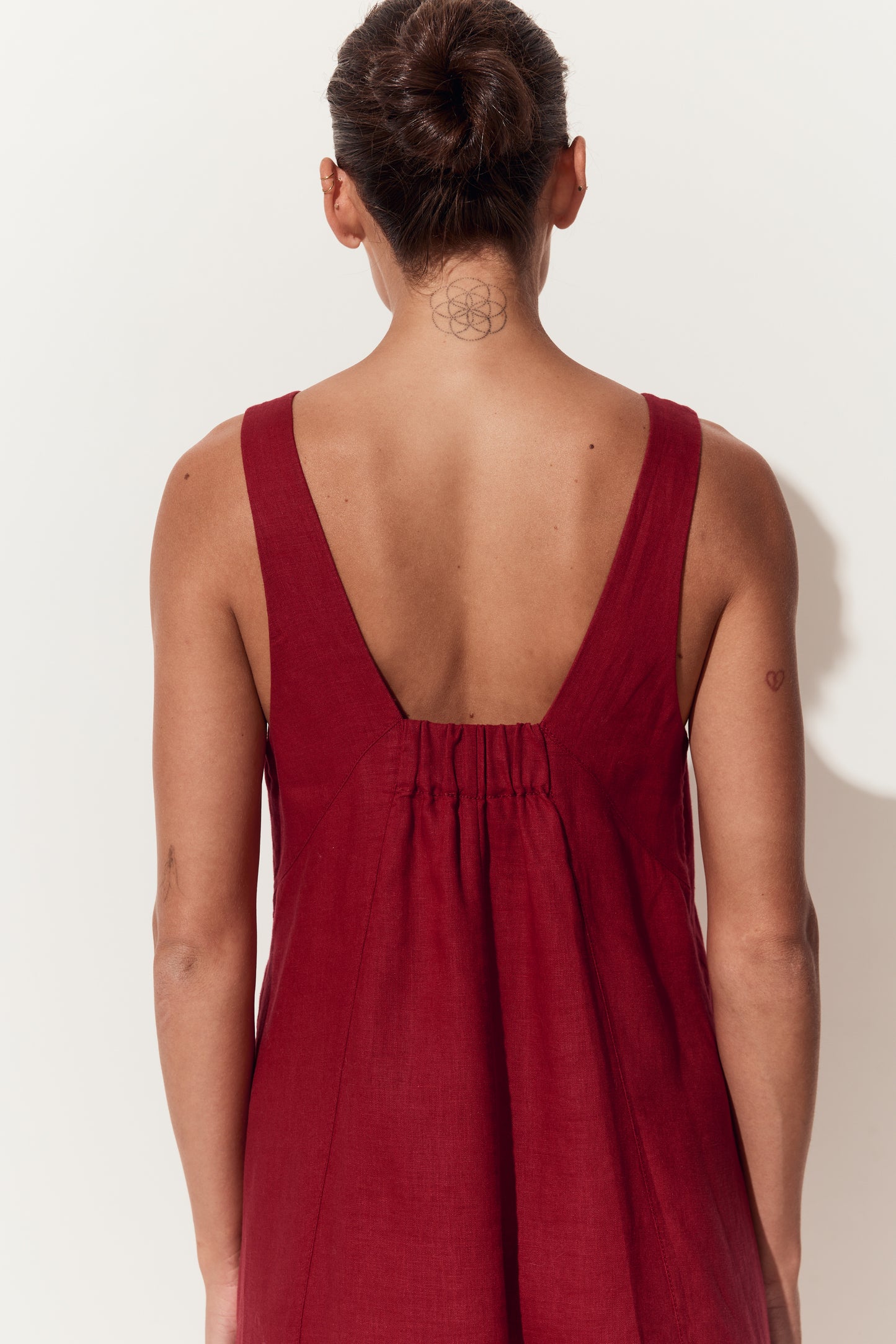 Iris Linen Midi Dress in Cherry Red - back view showing back details - Lilly Pilly Collection