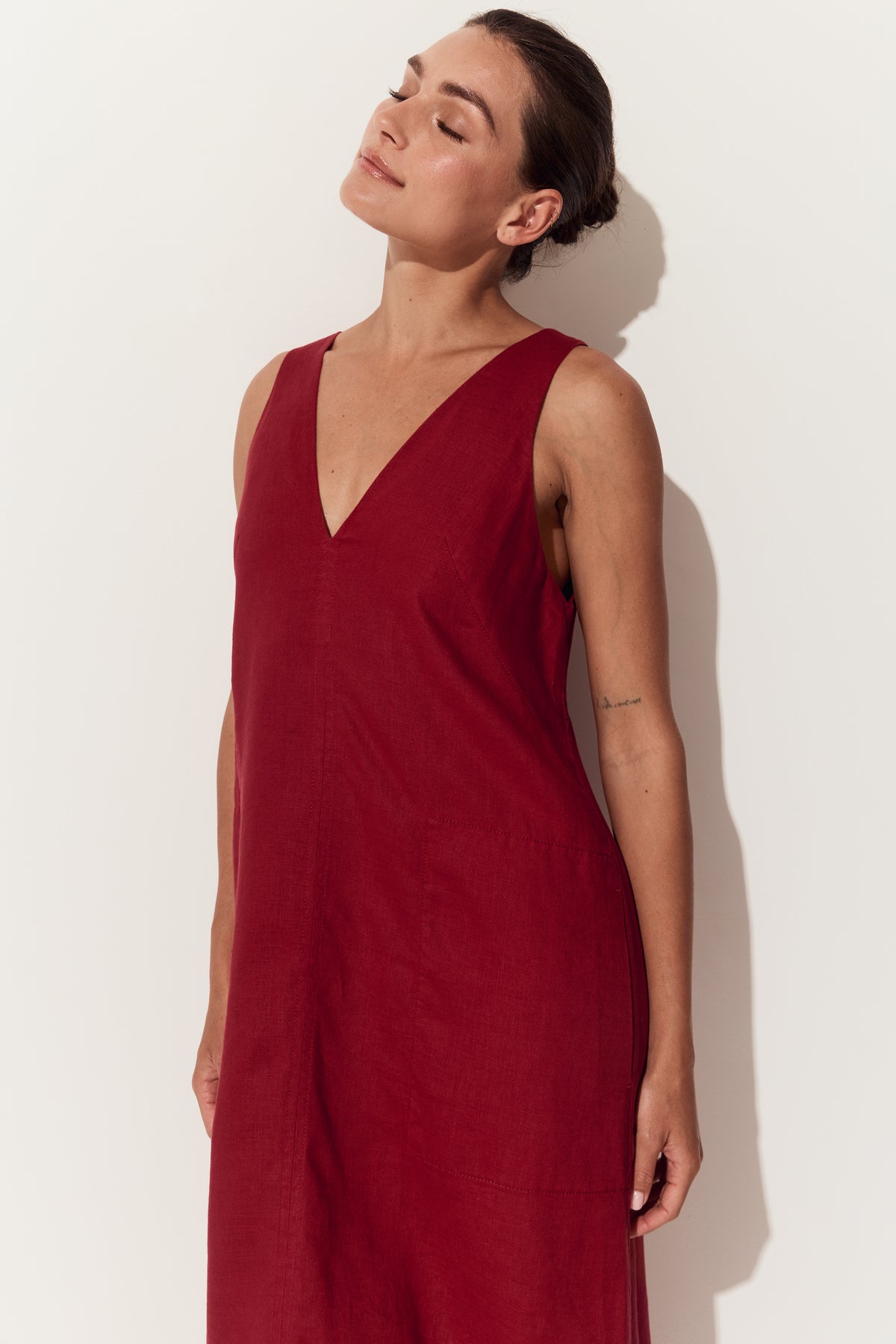 Iris Linen Midi Dress in Cherry Red - three quarter view - Lilly Pilly Collection