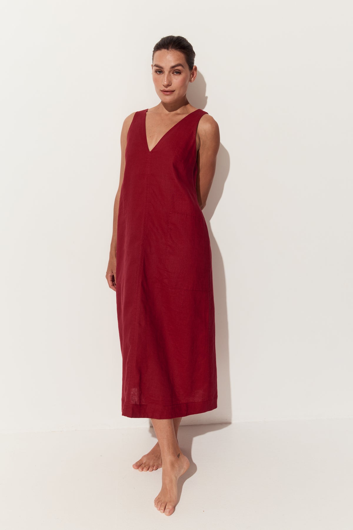 Iris Linen Midi Dress in Cherry Red - full three quarter view with arms by side - Lilly Pilly Collection