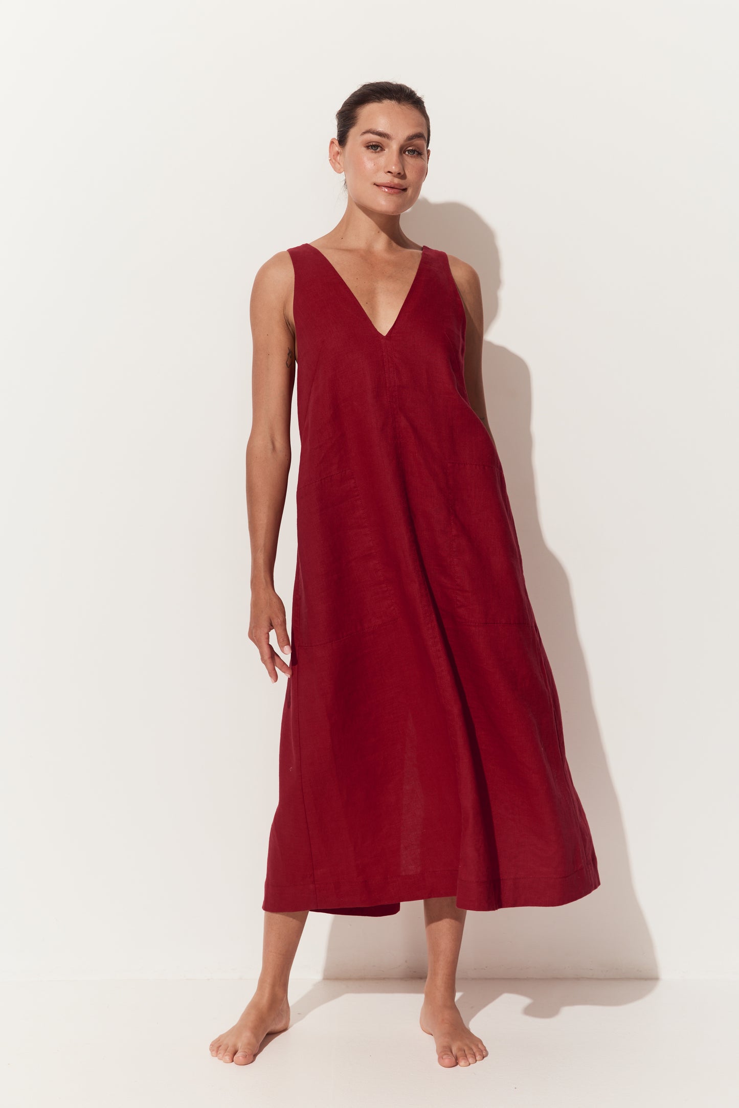 Iris Linen Midi Dress in Cherry Red - full front view with arms by side - Lilly Pilly Collection