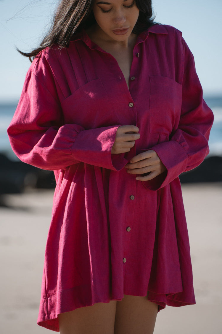 Isabella Linen Shirt Dress in Fuchsia Pink - close-up, collared button-front and patch pocket detail, buttoning - Lilly Pilly Collection